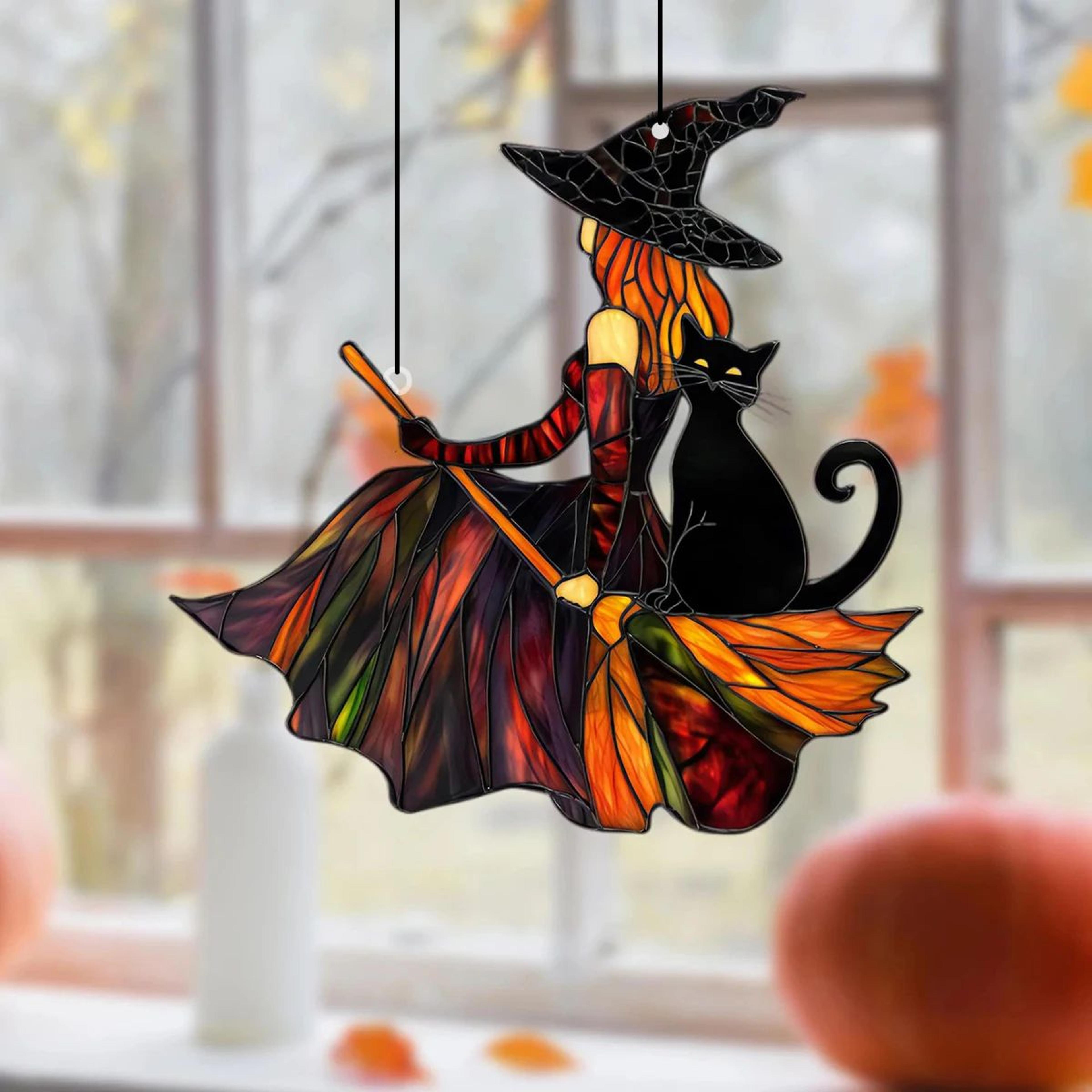 Gothic Acrylic Witch  Black Cat Suncatcher  Halloween Window Hanging Ornament  Wind Chime Decor 2