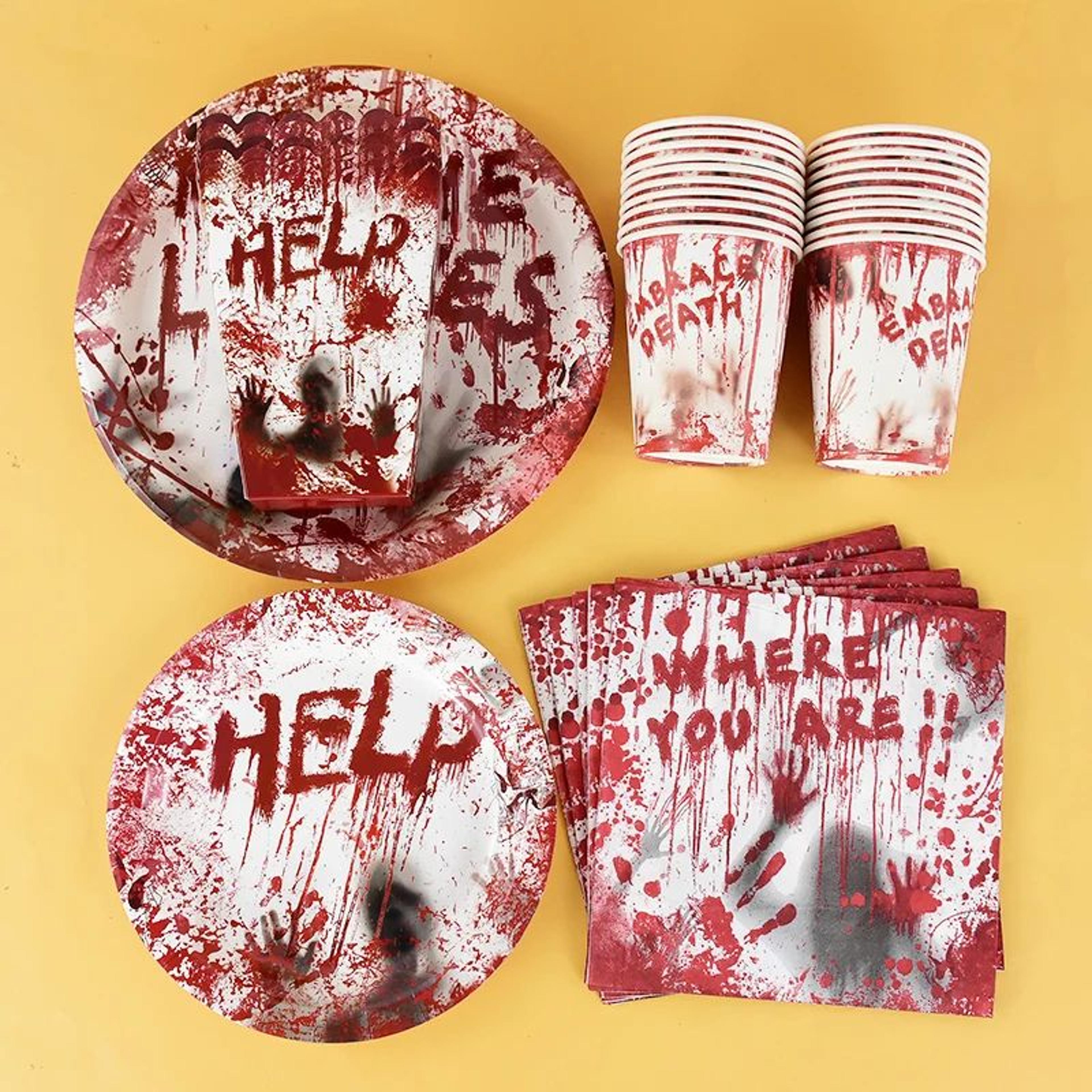Halloween Bloody Handprint Disposable Party Tableware Set  Paper Plates Cups  Popcorn Boxes 4