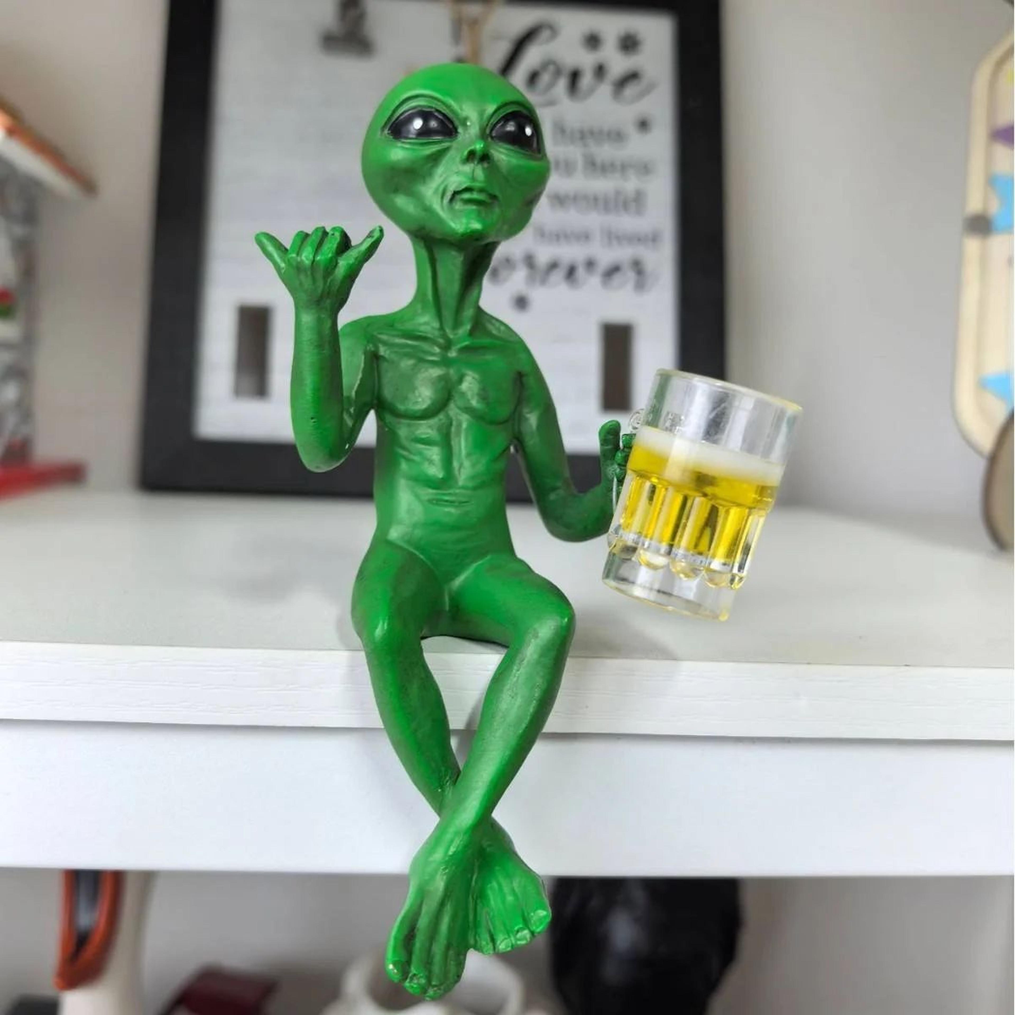 Funny Beer Drinking Alien Resin Statue  UFO Garden Sculpture Desktop Ornament  Home Decor 1