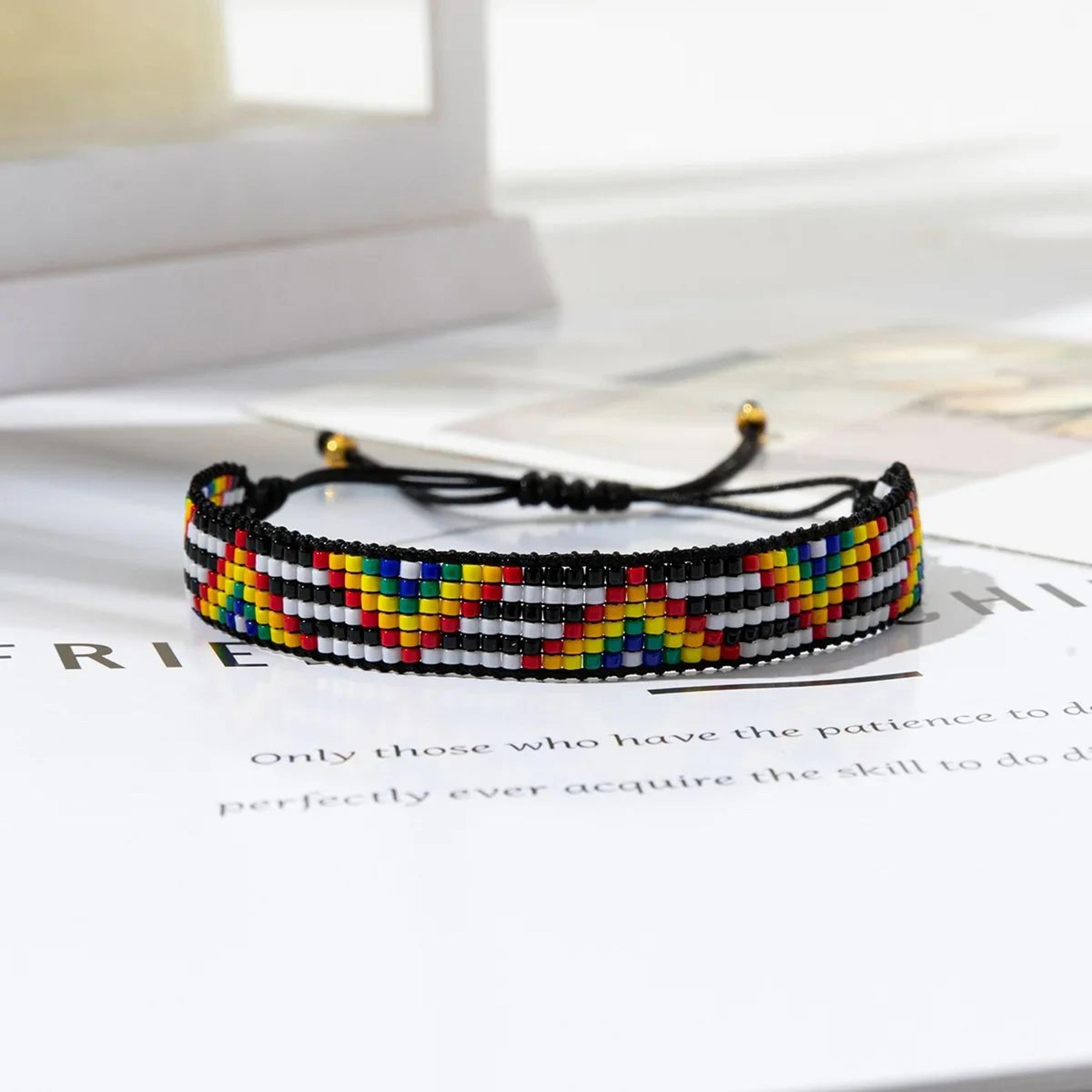 Bohemian Multicolor Glass Beaded Bracelet  Adjustable Handwoven Rice Bead Bracelet With Geometric A 2