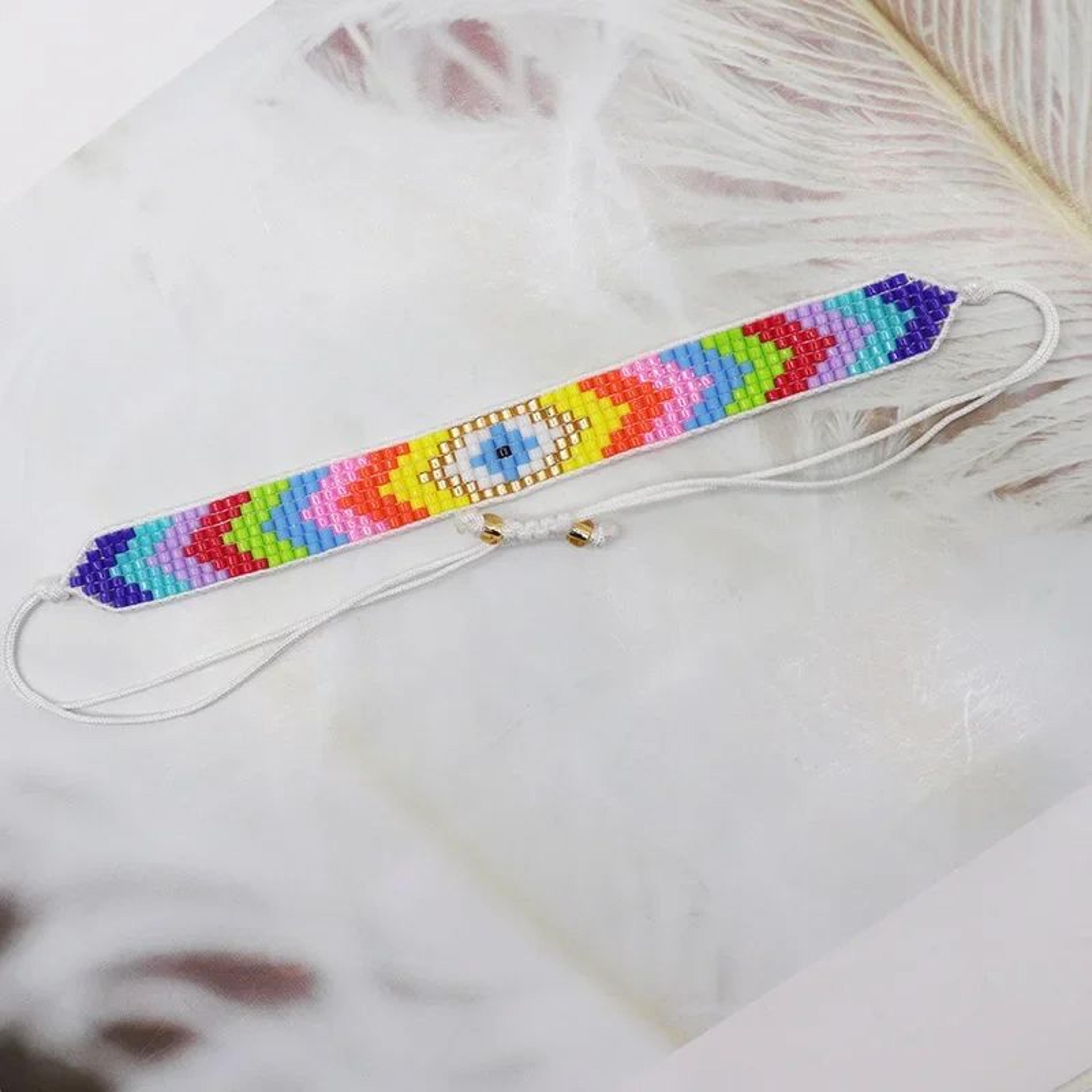 Bohemian Multicolor Glass Beaded Bracelet  Adjustable Handwoven Rice Bead Bracelet With Geometric A 13