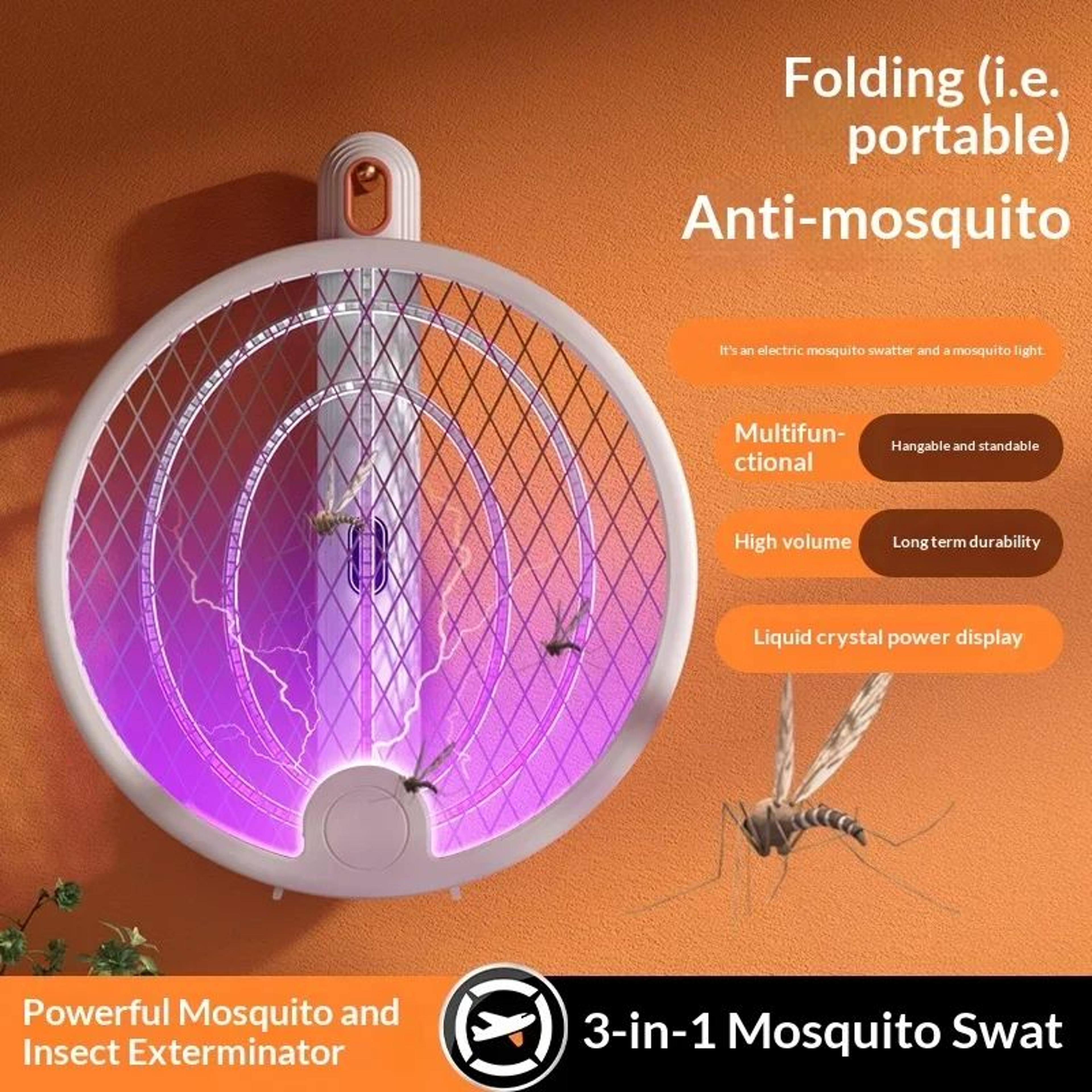 2in1 Foldable Electric Fly Swatter  Mosquito Trap  3000V UV Mosquito Killer With TypeC Charging  Qu 1