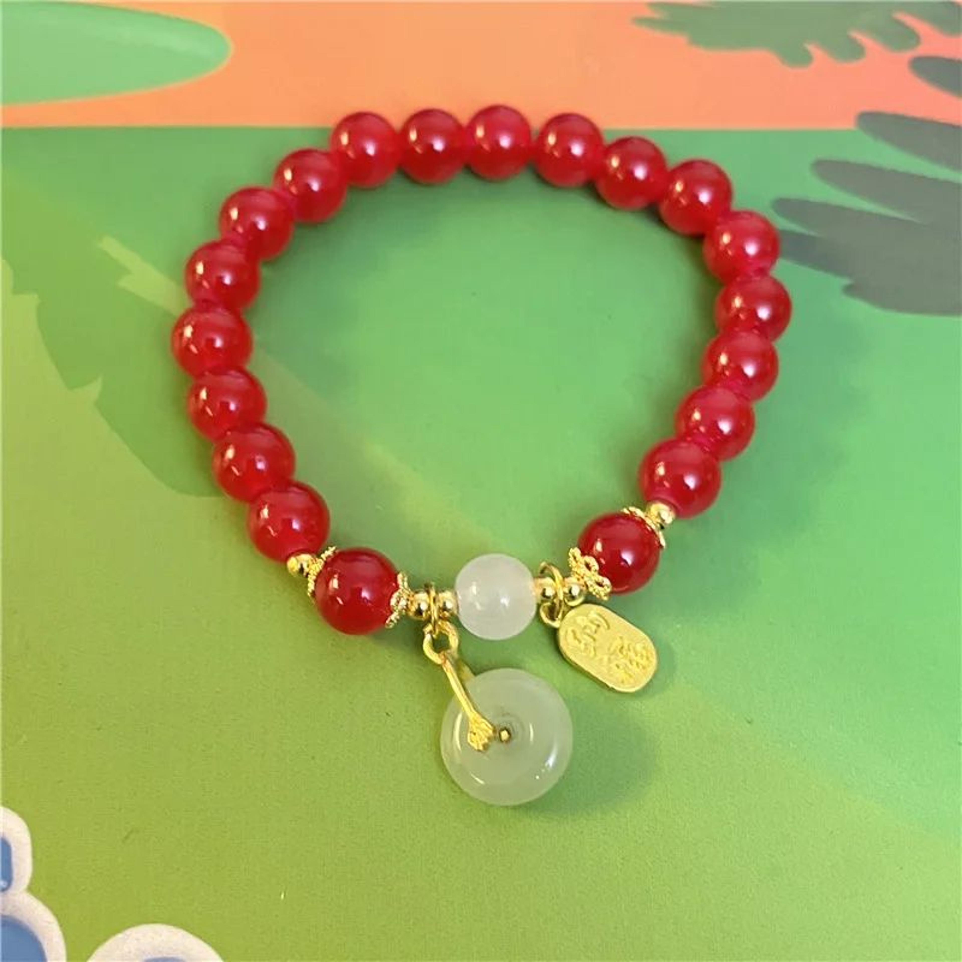 Handmade Good Luck Beaded Bracelet  Imitation Jade Ping An Buckle Lucky Amulet Stretch Bracelet For 3
