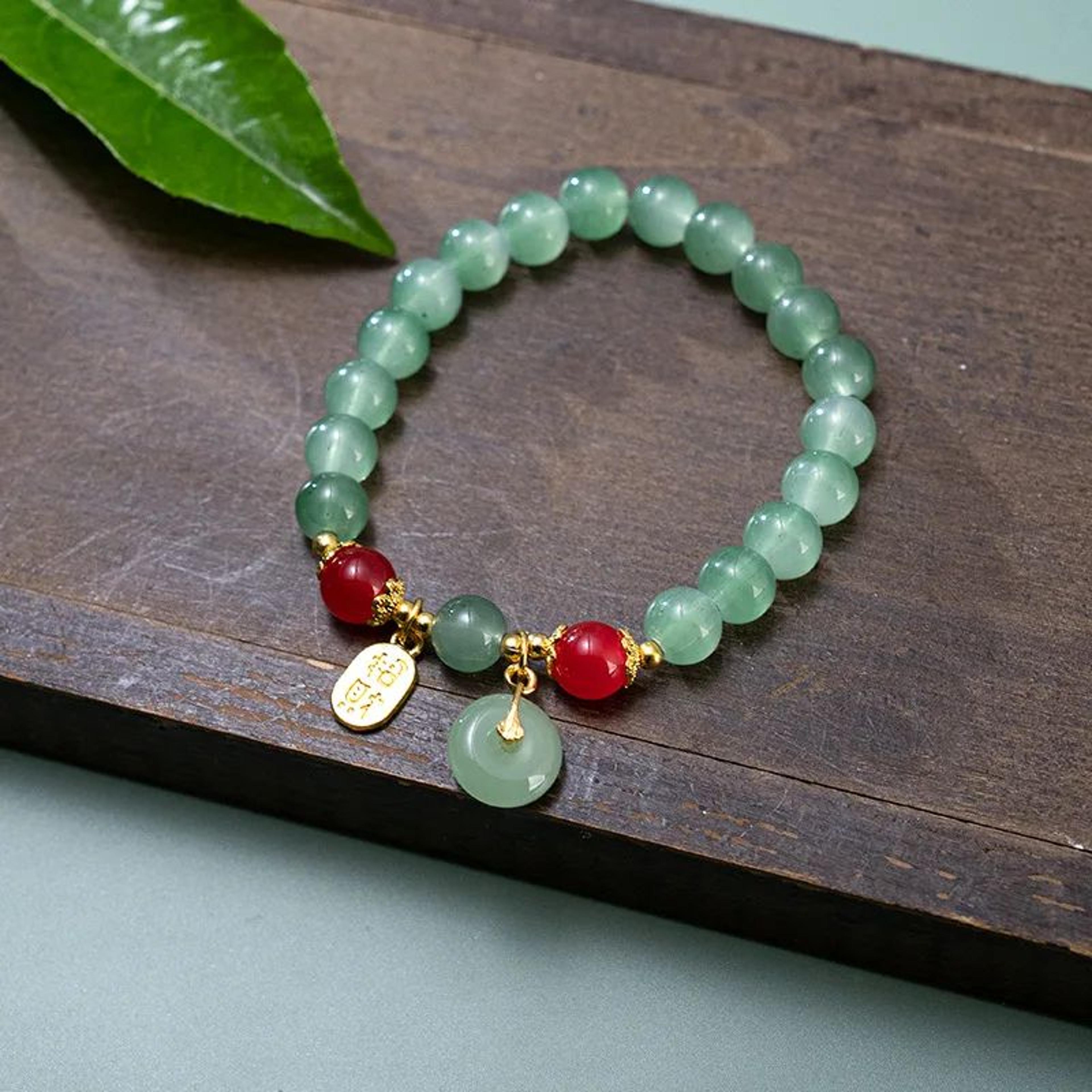 Handmade Good Luck Beaded Bracelet  Imitation Jade Ping An Buckle Lucky Amulet Stretch Bracelet For 6