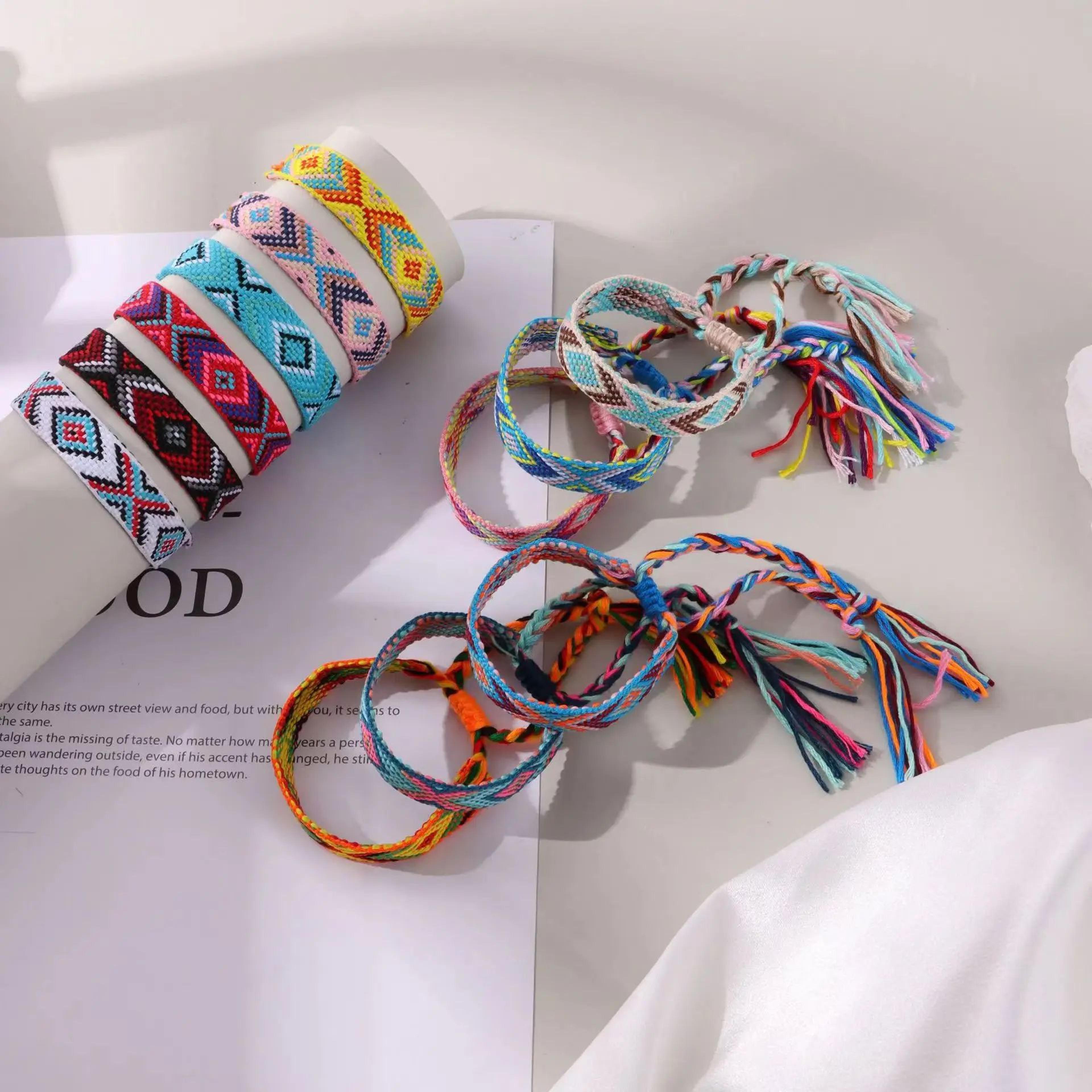 12pcs Retro Bohemian Striped Woven Bracelet Set  Adjustable Cotton Friendship Bracelets For Women   2