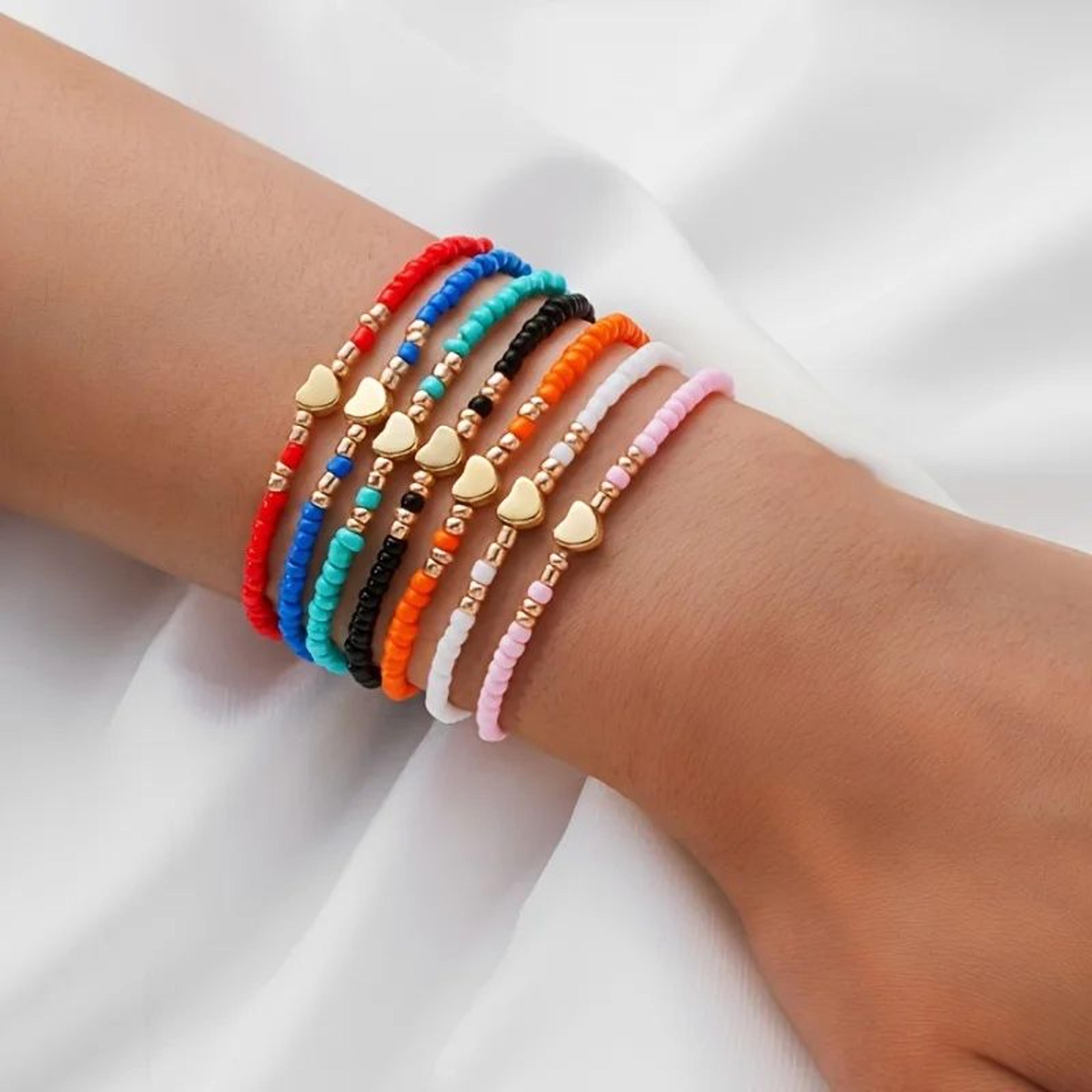 7pcs colorful rice bead bracelet set – heart charm elastic beaded bracelets for women stackable jewelry