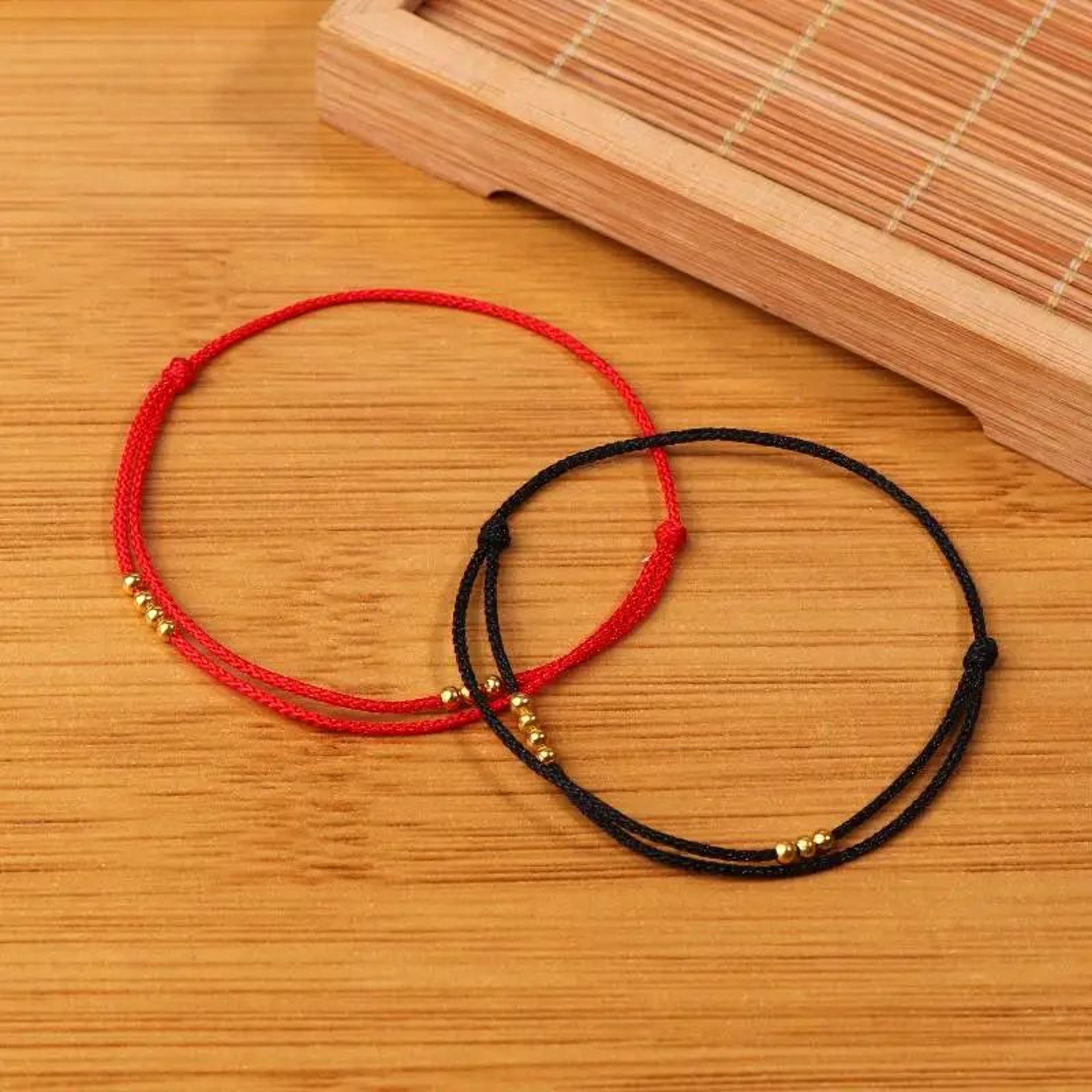 handmade red rope lucky bead bracelet – adjustable friendship bracelet with gold beads for women & men
