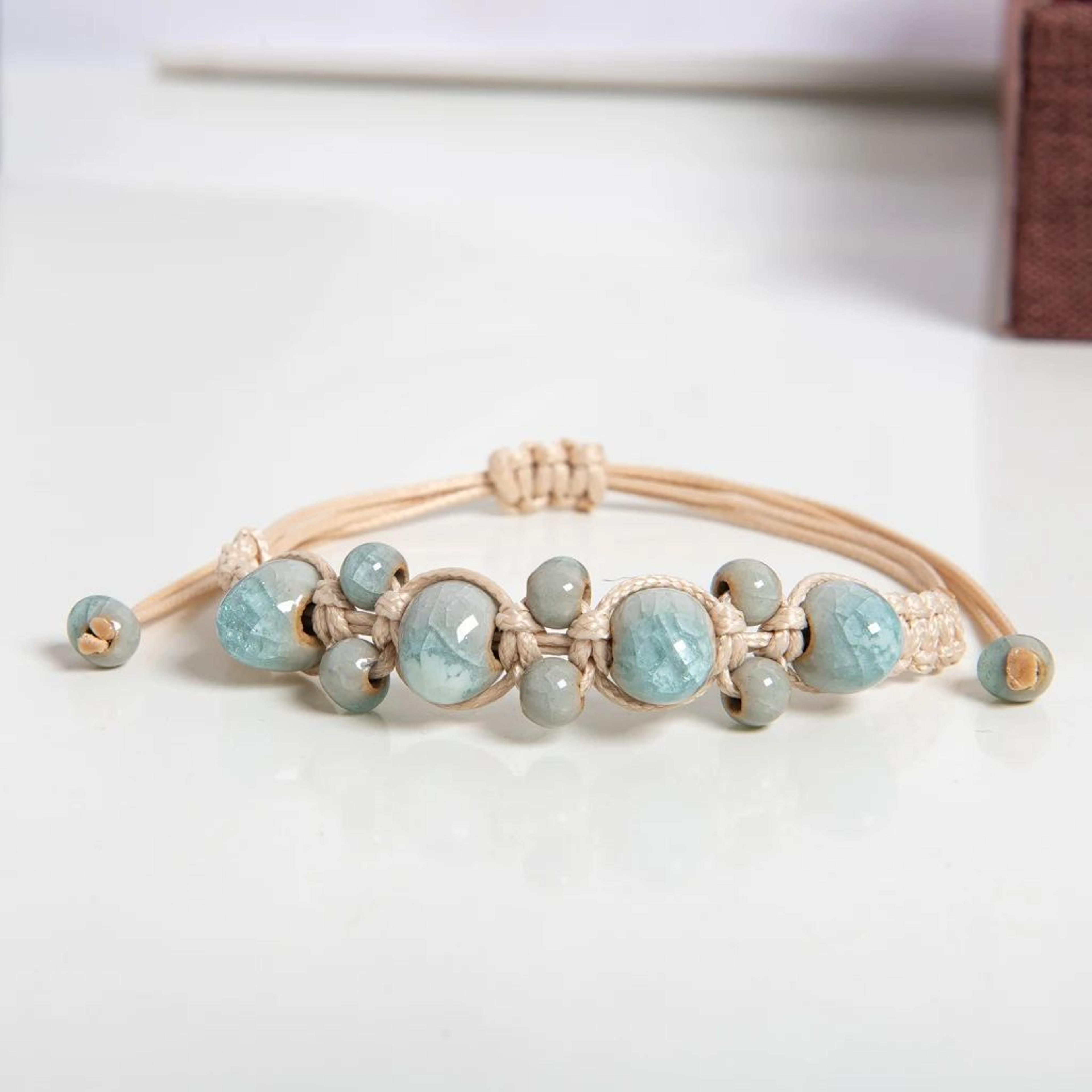 Light Blue Ceramic Handmade Bracelet  Adjustable Macrame Rope Minimalist Beaded Jewelry 3