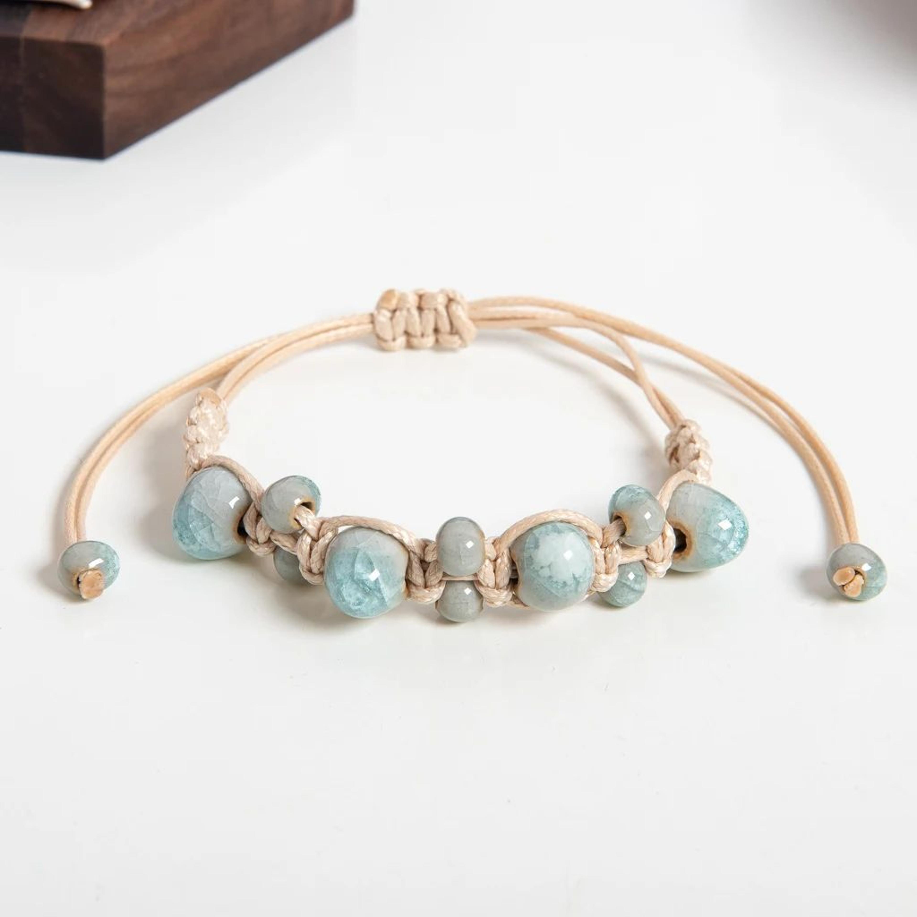 Light Blue Ceramic Handmade Bracelet  Adjustable Macrame Rope Minimalist Beaded Jewelry 1