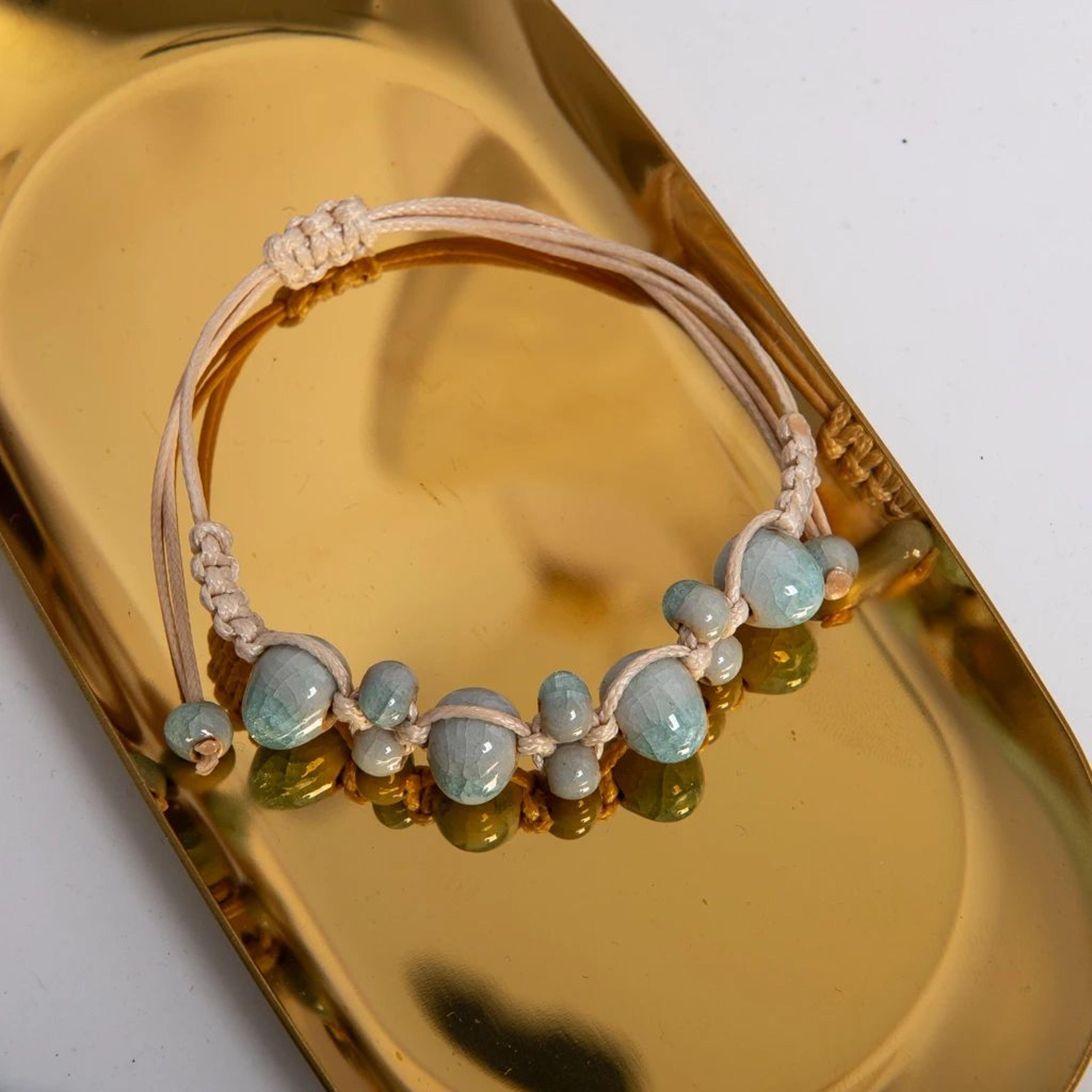 light blue ceramic handmade bracelet – adjustable macrame rope minimalist beaded jewelry