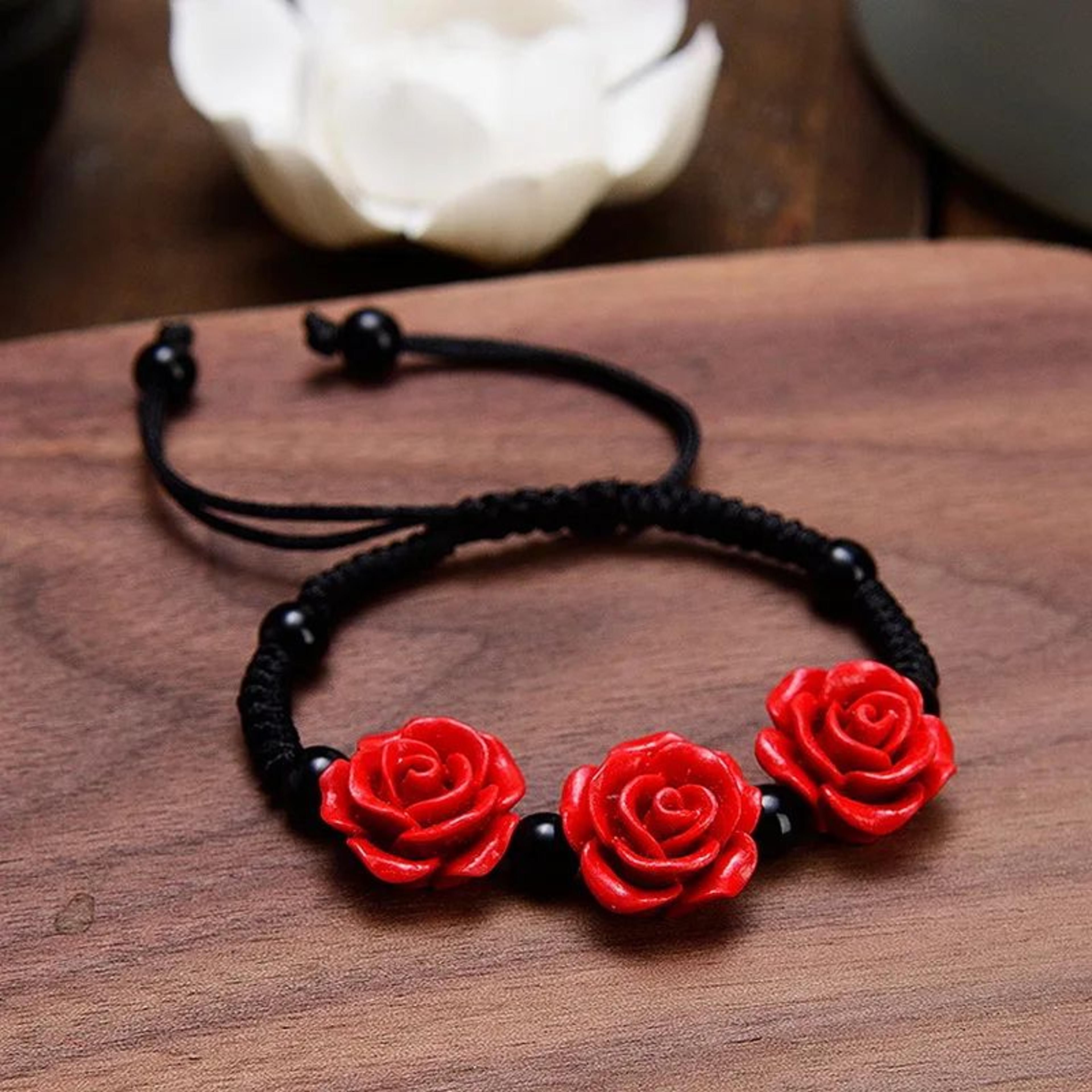 Korean Handmade Braided Rose Flower Bracelet  Boho Red Rope Beaded Bracelet For Women  Girls 5