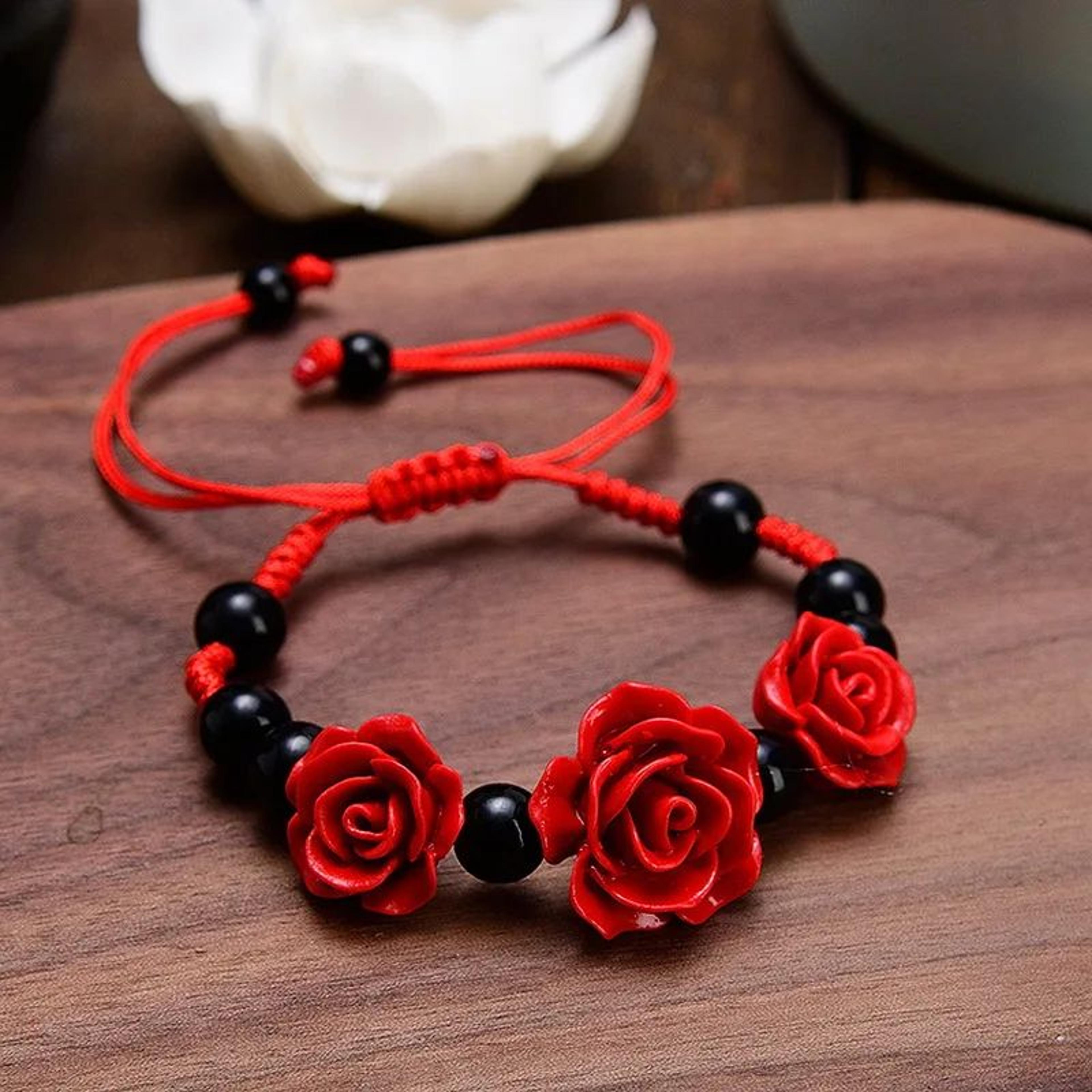 Korean Handmade Braided Rose Flower Bracelet  Boho Red Rope Beaded Bracelet For Women  Girls 1