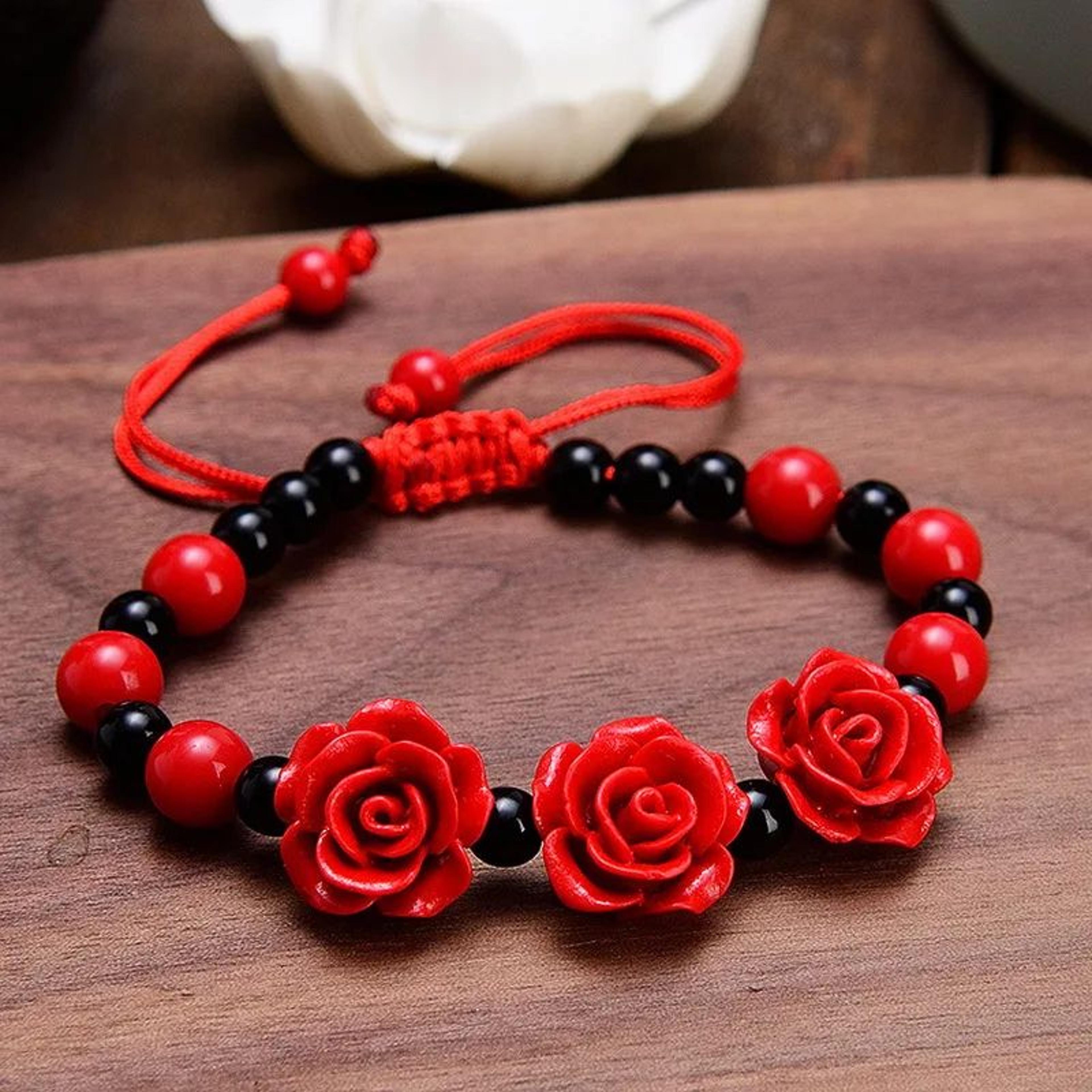 Korean Handmade Braided Rose Flower Bracelet  Boho Red Rope Beaded Bracelet For Women  Girls 9