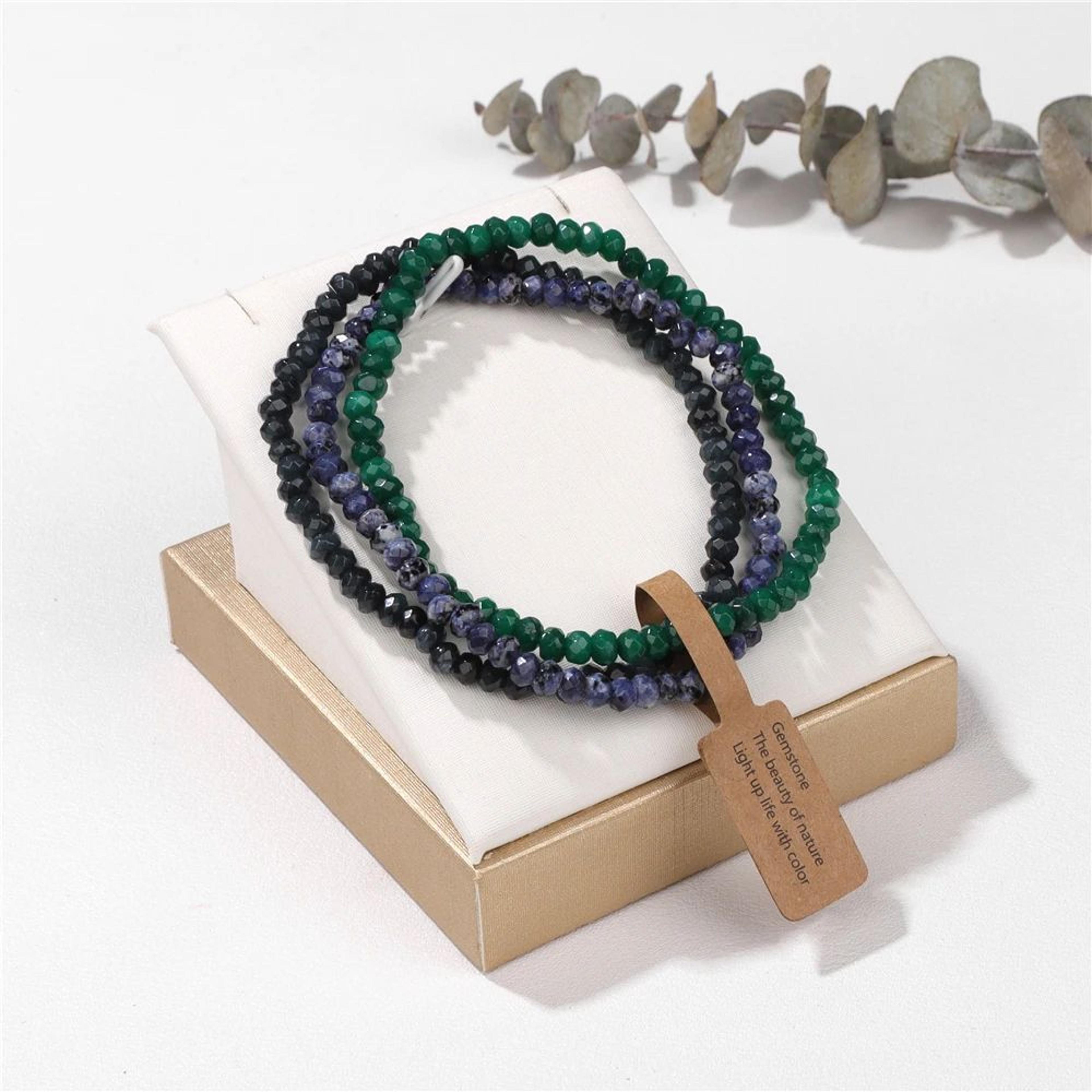 3pcs Natural Crystal Beaded Bracelets With Wish Card  Faceted Elastic Healing Stone Bracelets For W 3