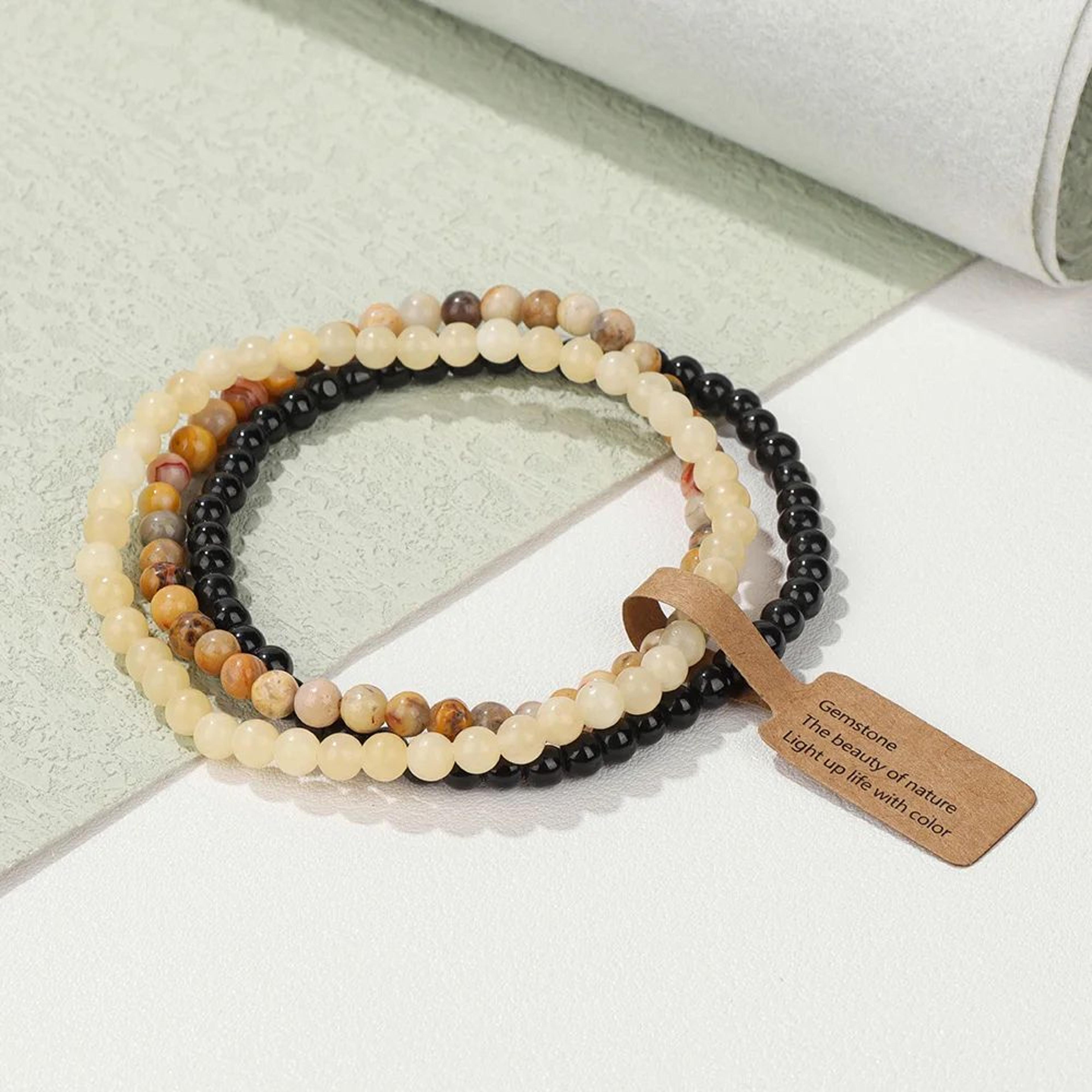 3pcs Natural Stone Bead Bracelets  4 Mm Quartz Agate  Black Onyx Elastic Stretch Bracelets For Wome