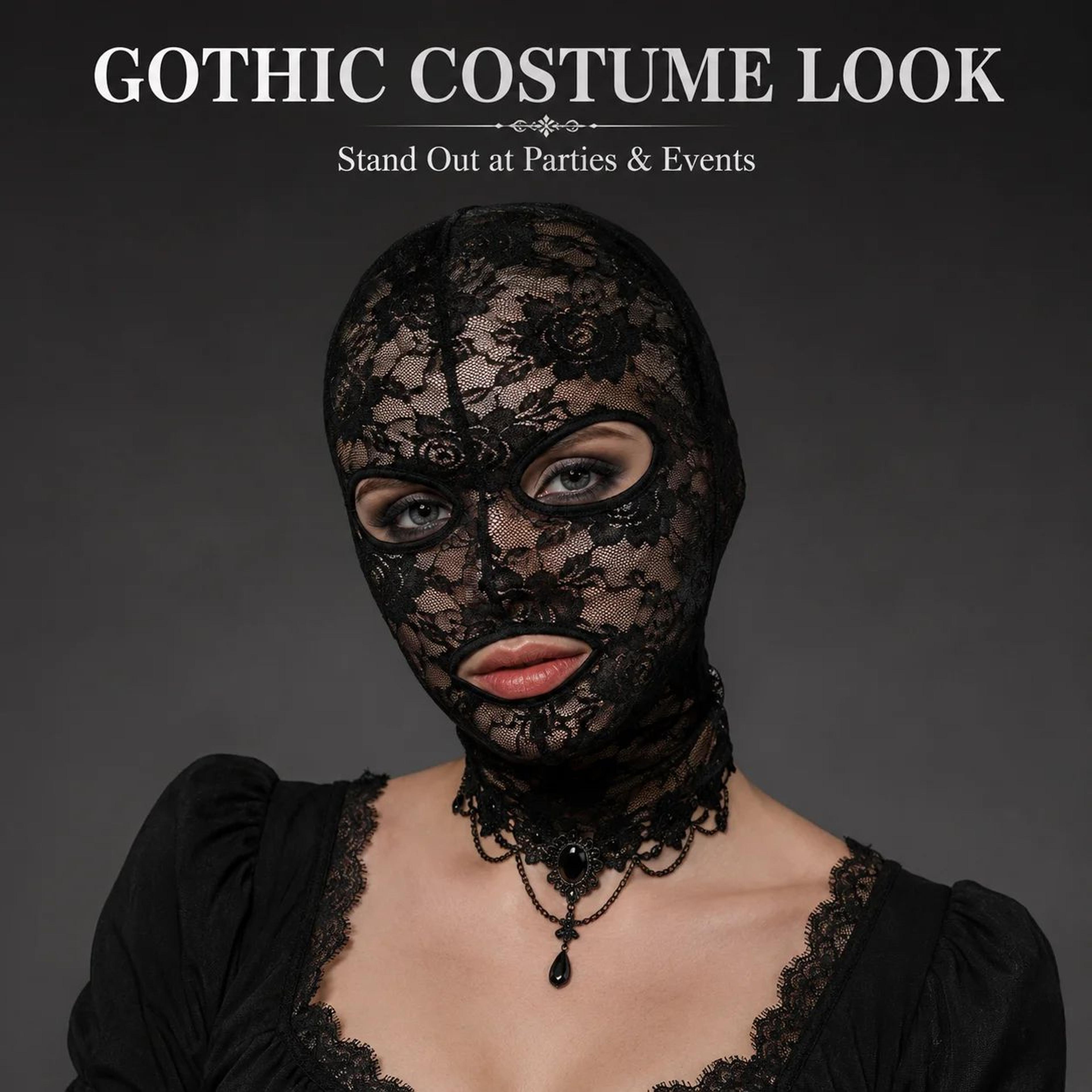 Black Gothic Lace Full Face Mask  Stretch Mesh Hood With Eye  Mouth Openings For Halloween Cosplay 2