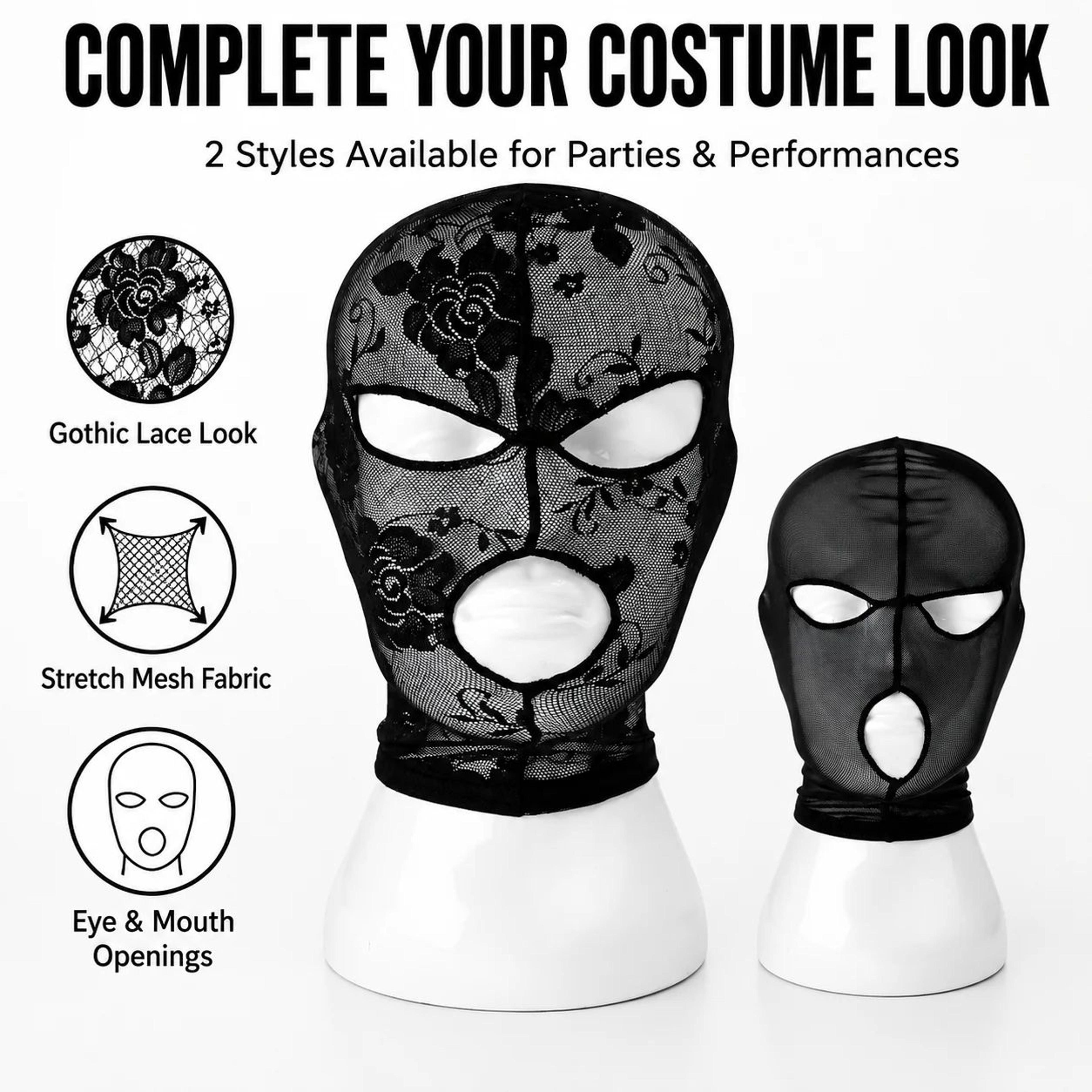 Black Gothic Lace Full Face Mask  Stretch Mesh Hood With Eye  Mouth Openings For Halloween Cosplay 5