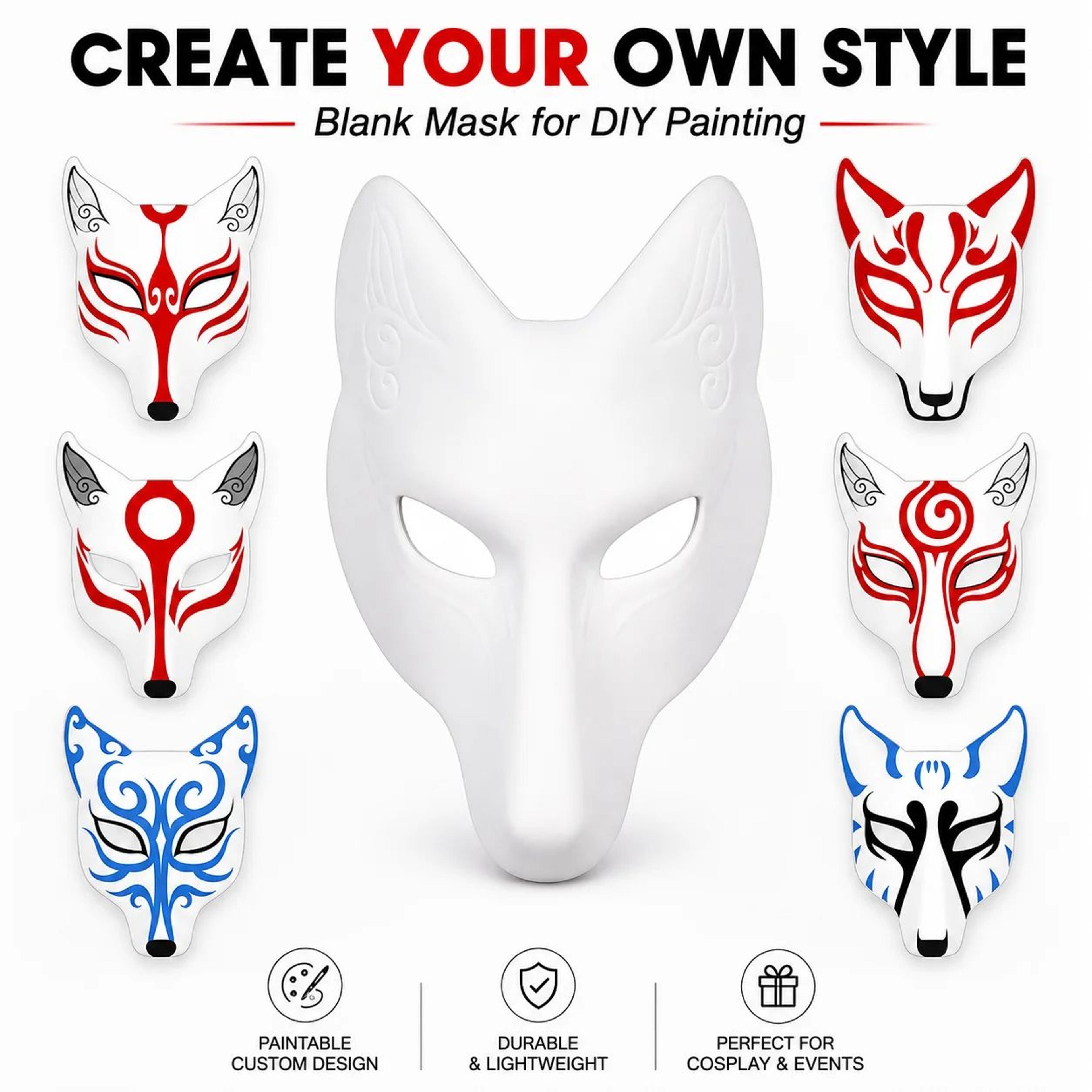 DIY White Kitsune Fox Mask  Blank Paintable Anime Cosplay Half Face Mask For Halloween Masquerade   1