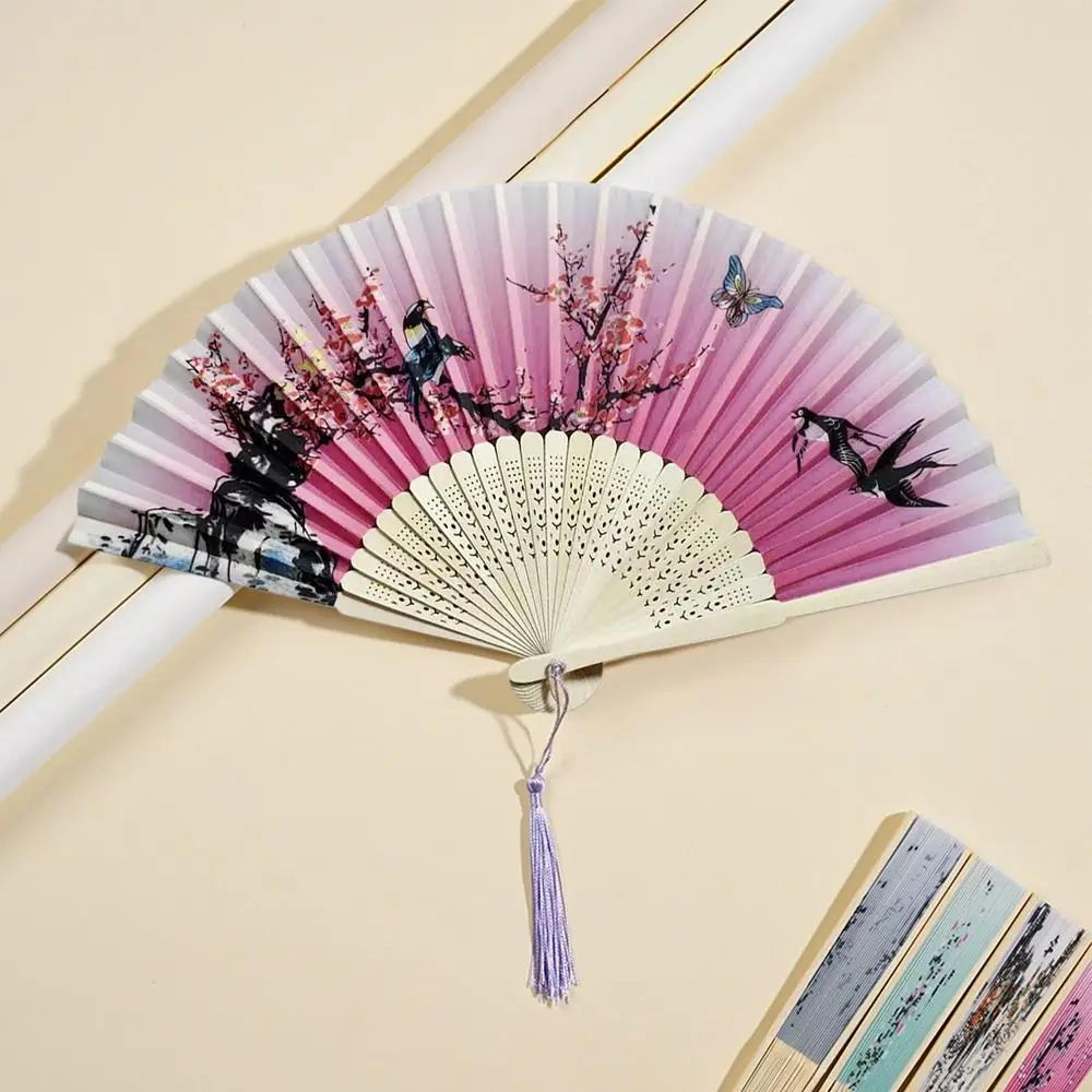 Vintage Silk Folding Hand Fan  Bamboo Chinese Dance Fan With Colorful Tassel For Weddings Parties   4