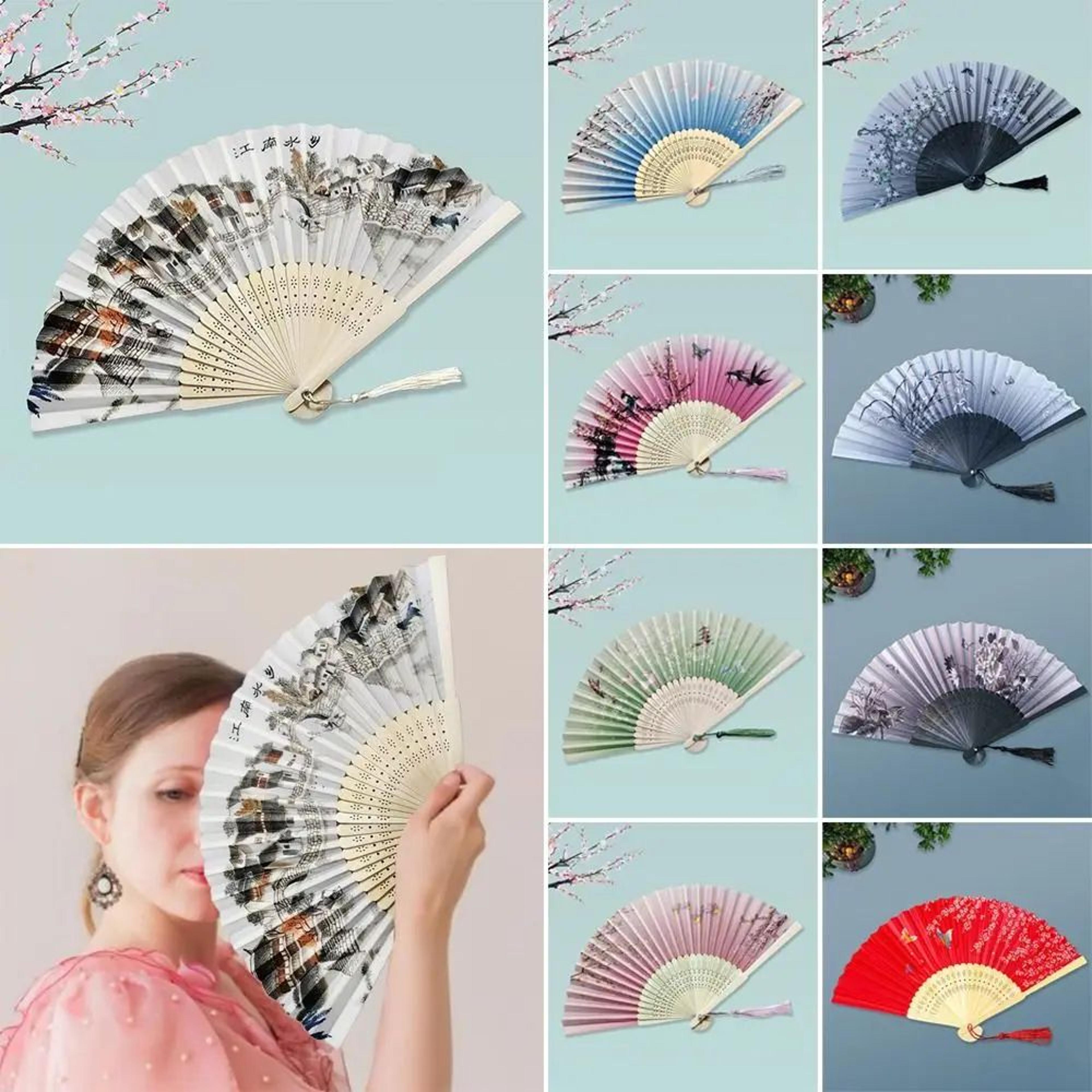 Vintage Silk Folding Hand Fan  Bamboo Chinese Dance Fan With Colorful Tassel For Weddings Parties   2