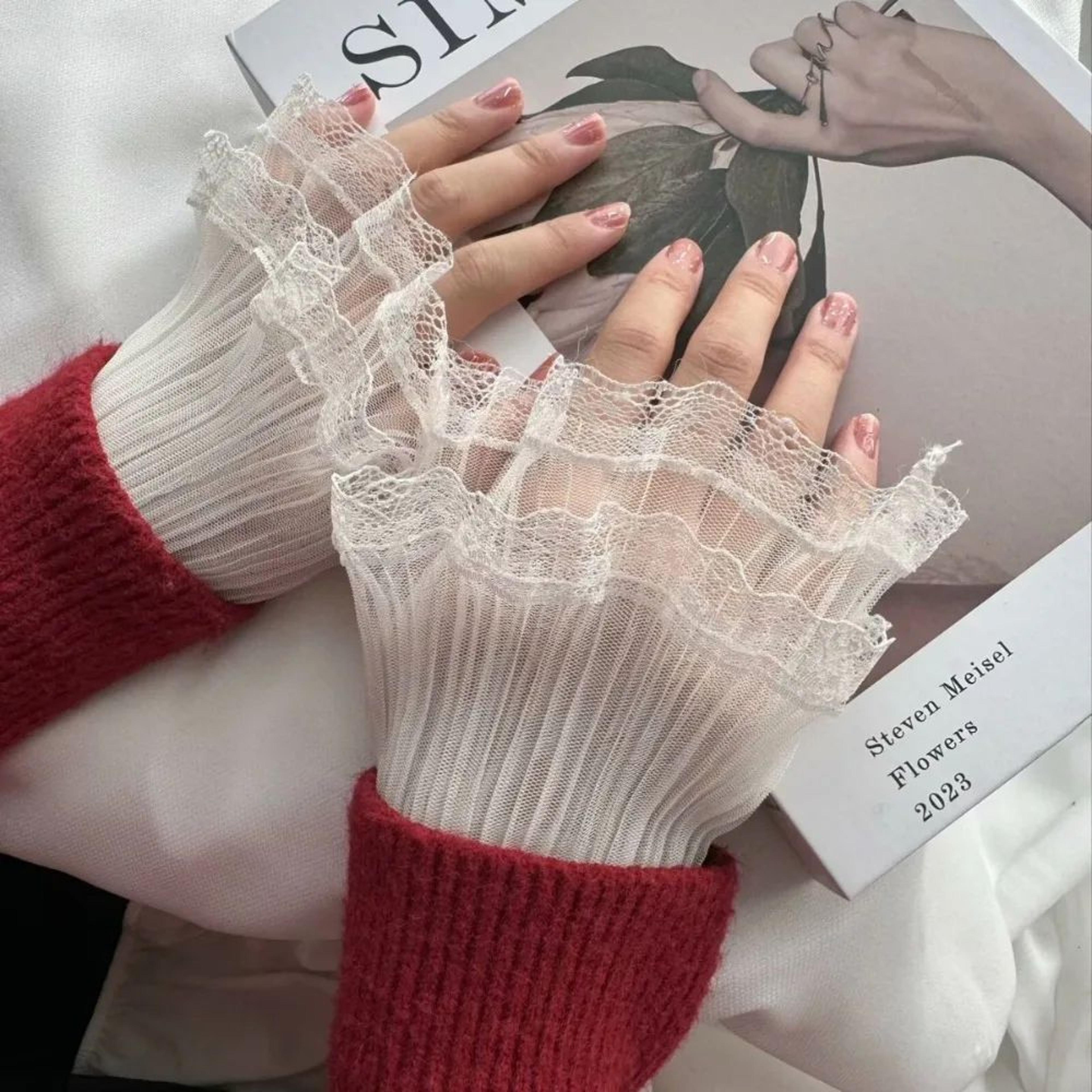 1 Pair Lace Detachable Sleeve Cuffs  Ruffle Fake Cuffs Sun Protection Wrist Sleeves For Women Sweat 9