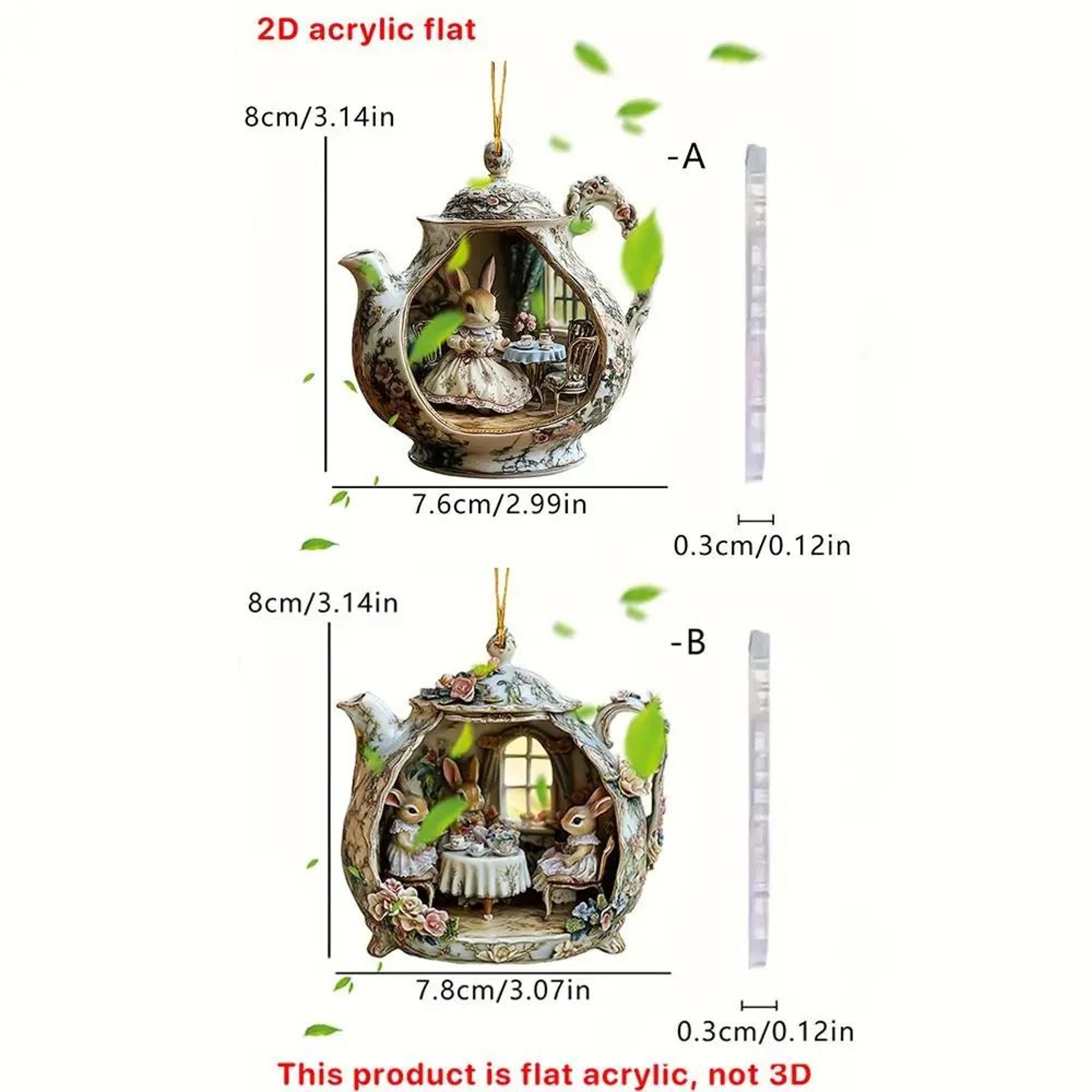 2D Acrylic Rabbit In Teacup Pendant  Cute Bunny Bag Charm Car Hanging Ornament  Christmas Tree Deco 5