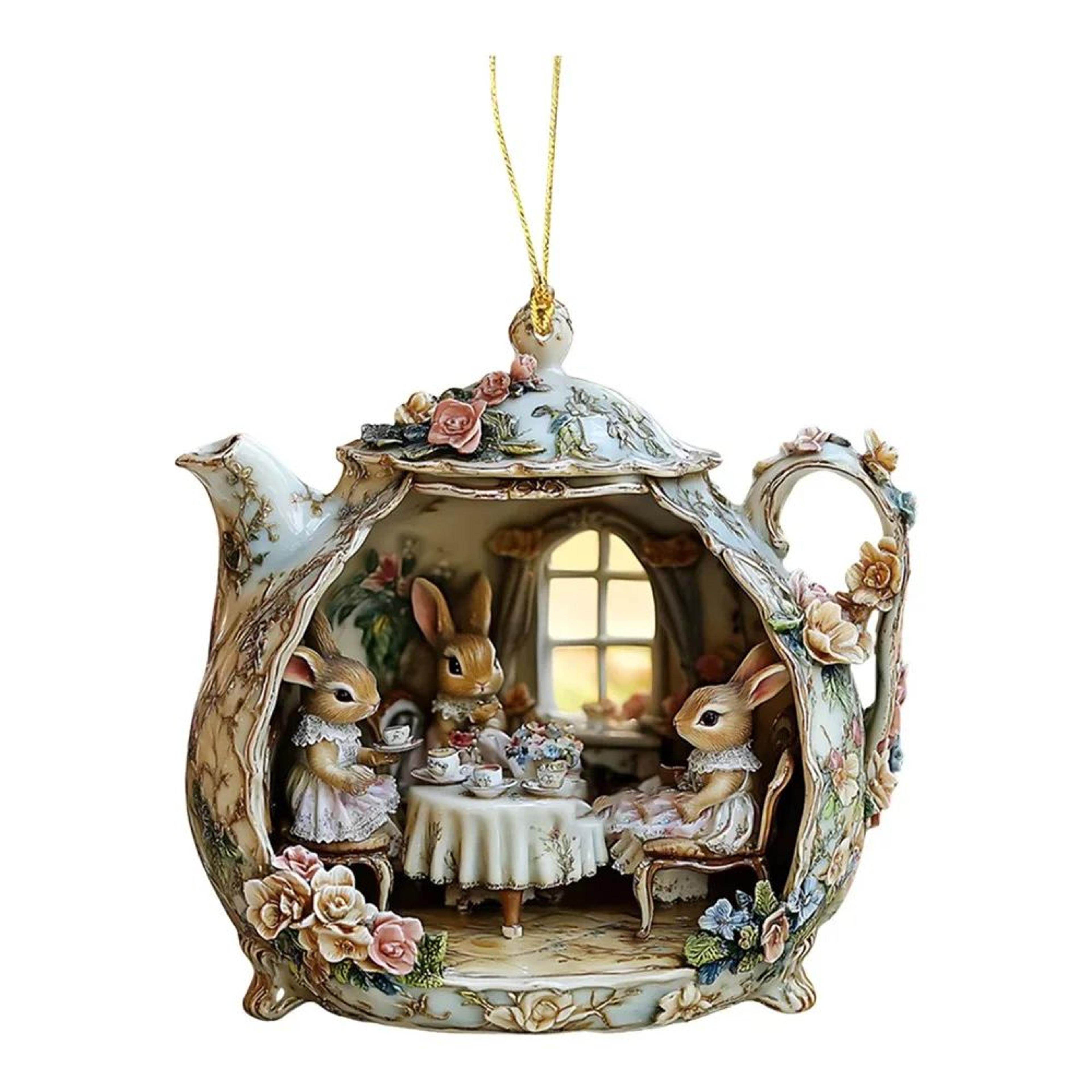 2D Acrylic Rabbit In Teacup Pendant  Cute Bunny Bag Charm Car Hanging Ornament  Christmas Tree Deco 7