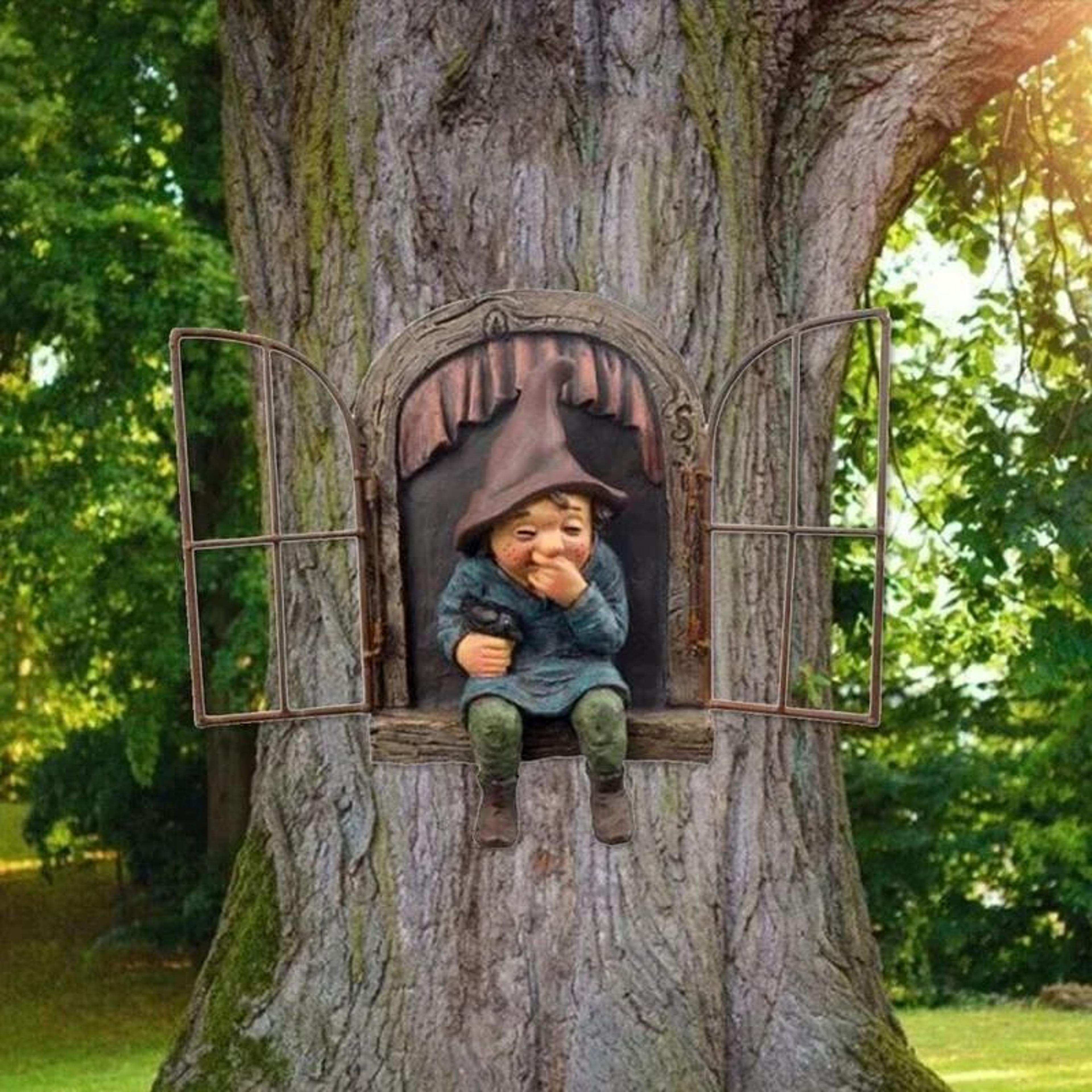 Creative Garden Gnome Tree Hugger Statue  Resin Elf Door Sculpture For Yard Porch  Outdoor Garden D 6