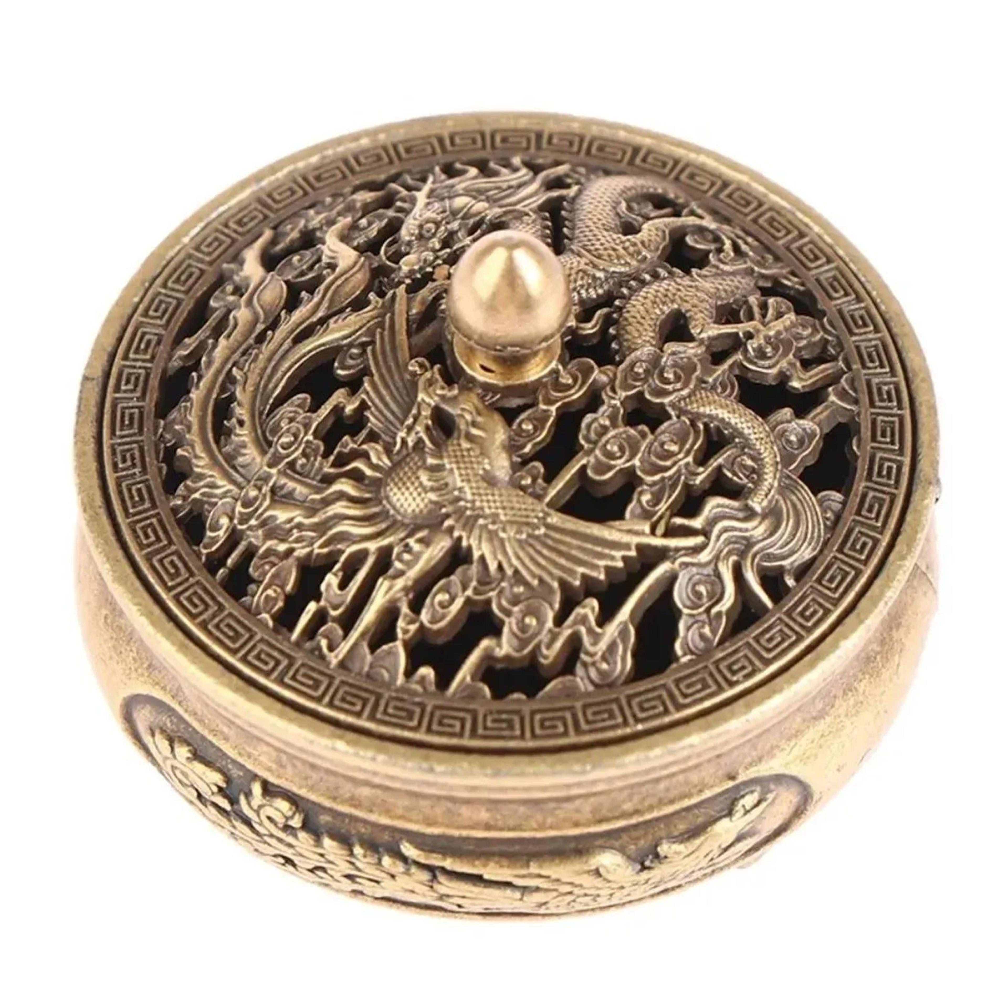 Antique Brass Dragon Phoenix Incense Burner  Hollow Carved Chinese Style Censer For Home Tea 3