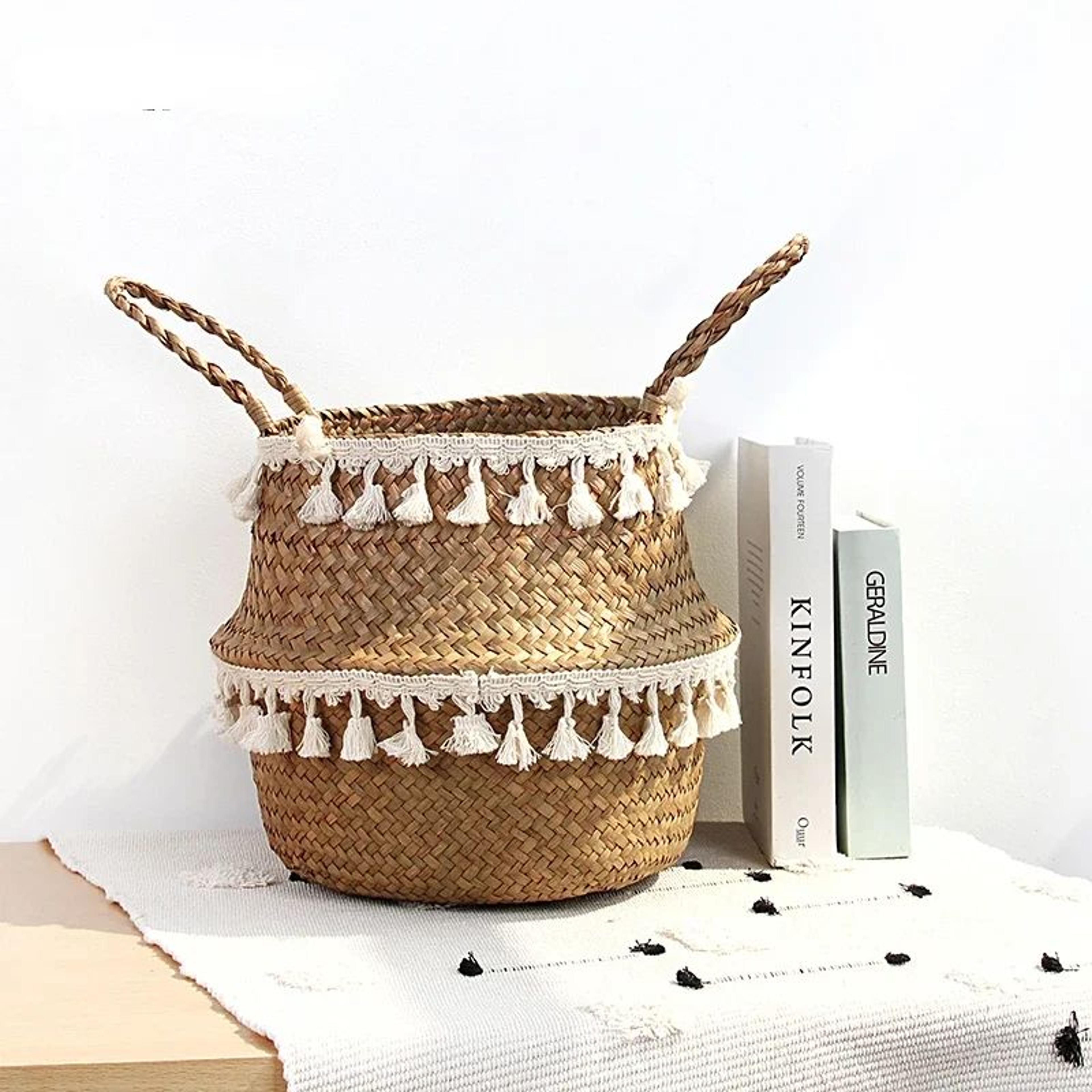 handmade wicker storage basket – foldable seagrass rattan belly planter, woven laundry & flower pot basket home decor