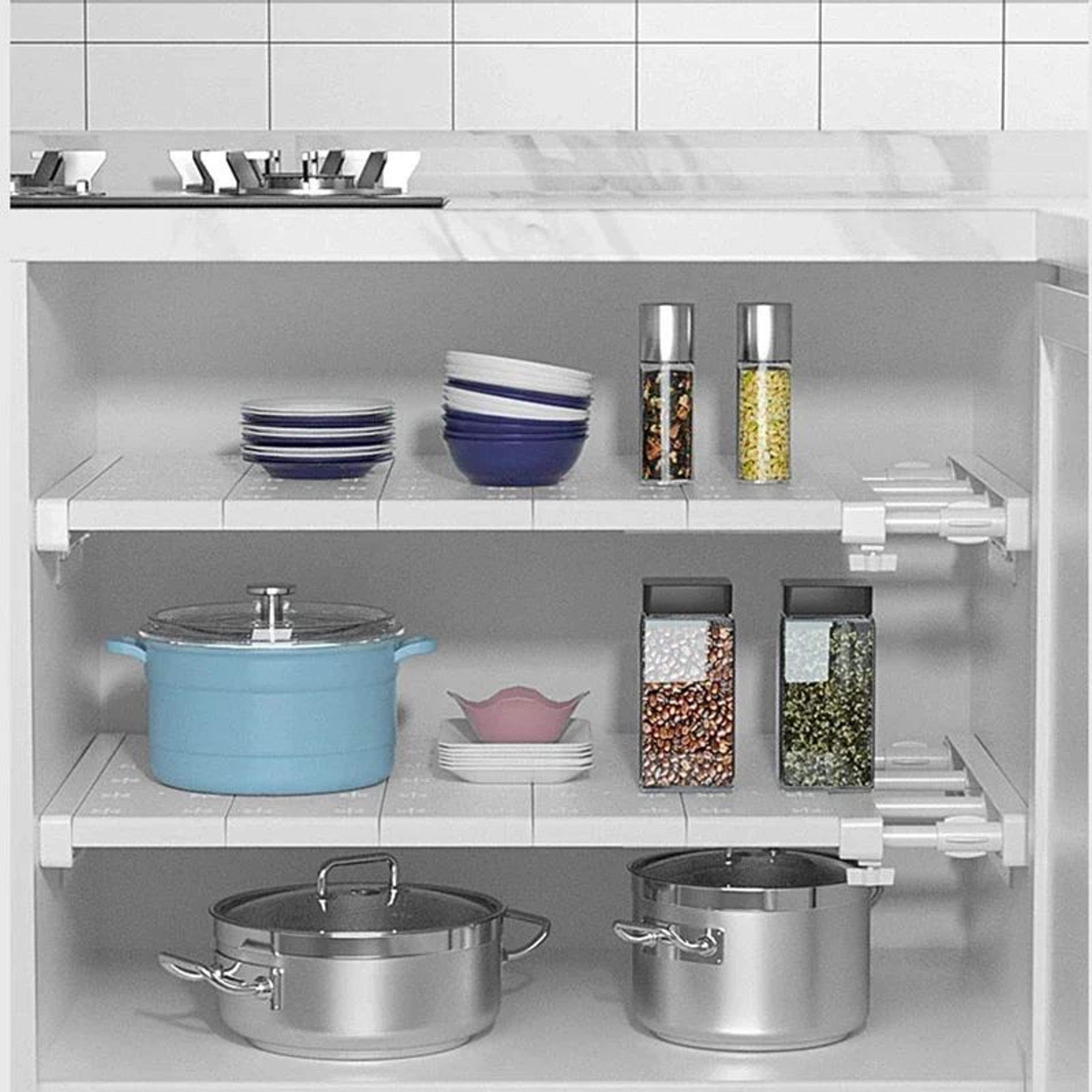 PunchFree Expandable Storage Divider  Retractable Plastic Tension Shelf For Wardrobe Kitchen Bathro 4