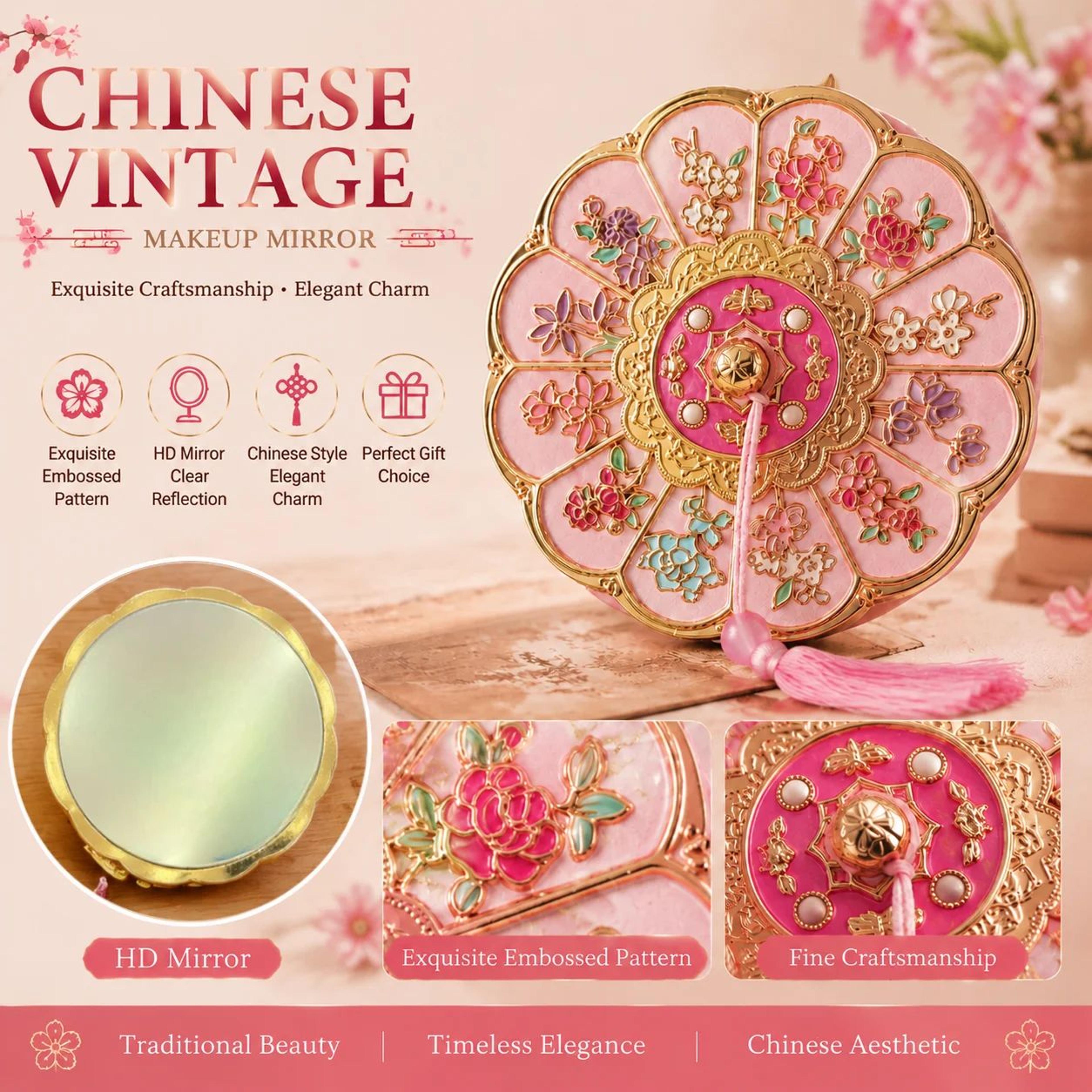 ancient-style handheld makeup mirror – portable chinese-inspired vanity mirror with decorative tassel for travel & gifts