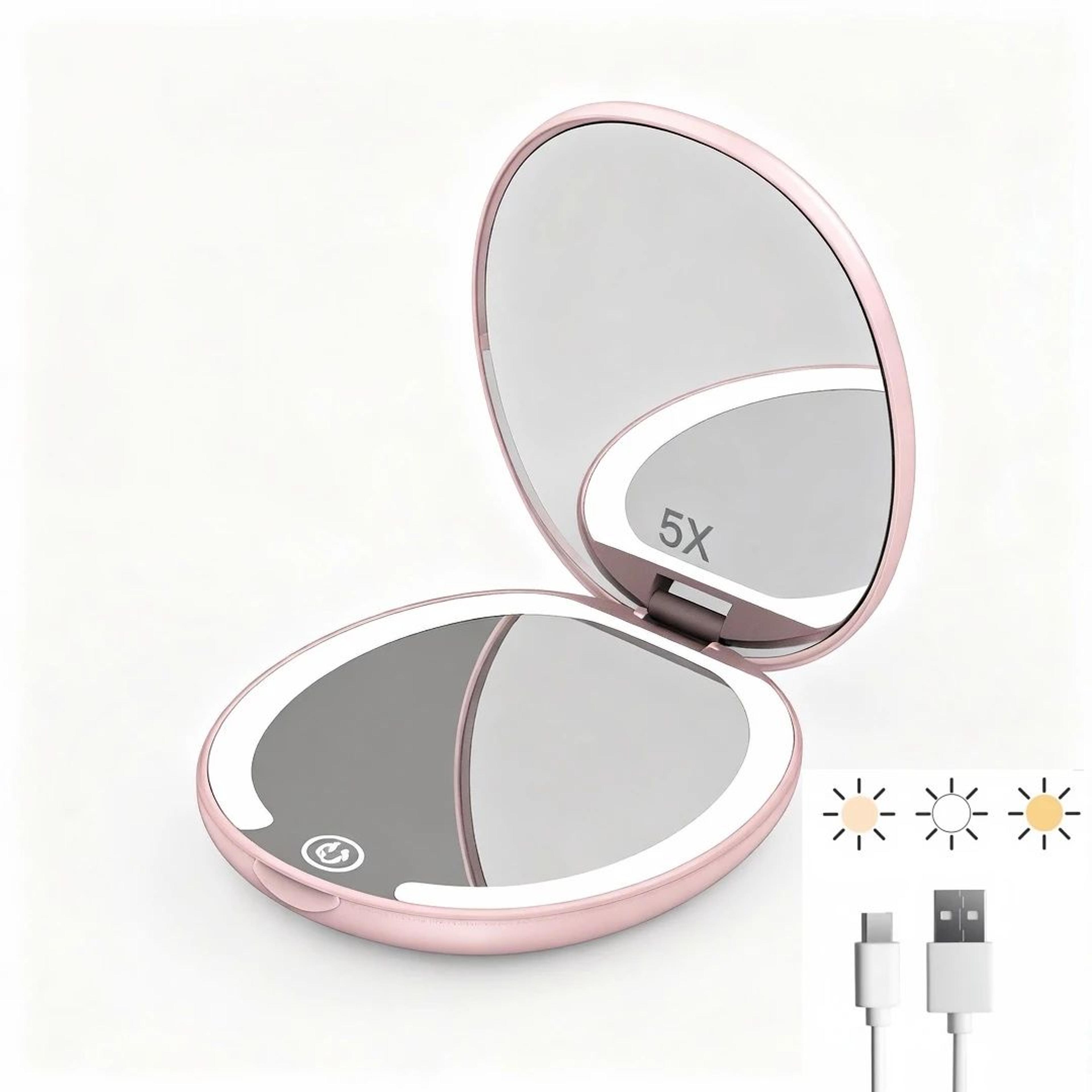 Rechargeable Travel Makeup Mirror  5X Magnifying DoubleSided LED Mirror With 3Color Light  Adjustab 1