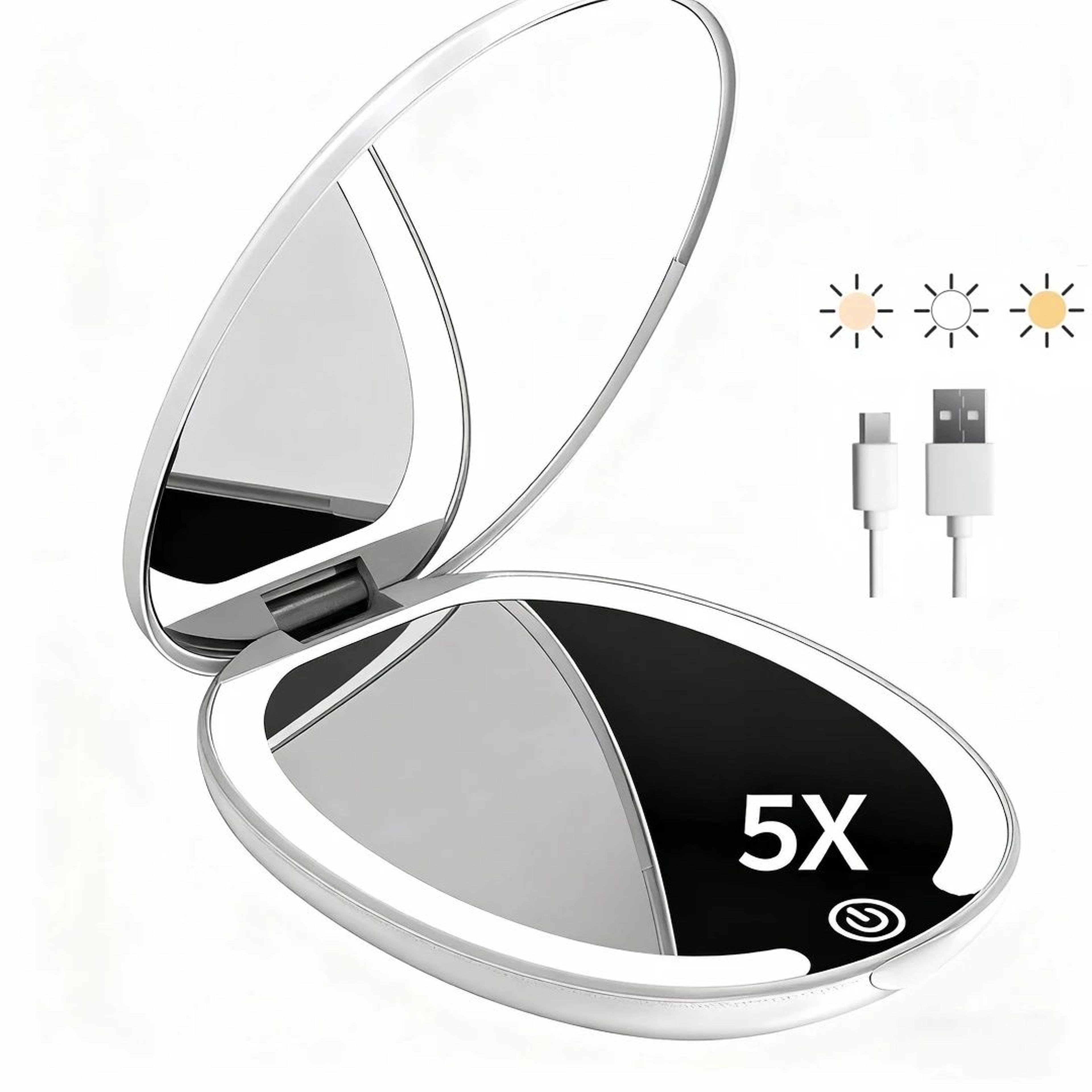 Rechargeable Travel Makeup Mirror  5X Magnifying DoubleSided LED Mirror With 3Color Light  Adjustab 7