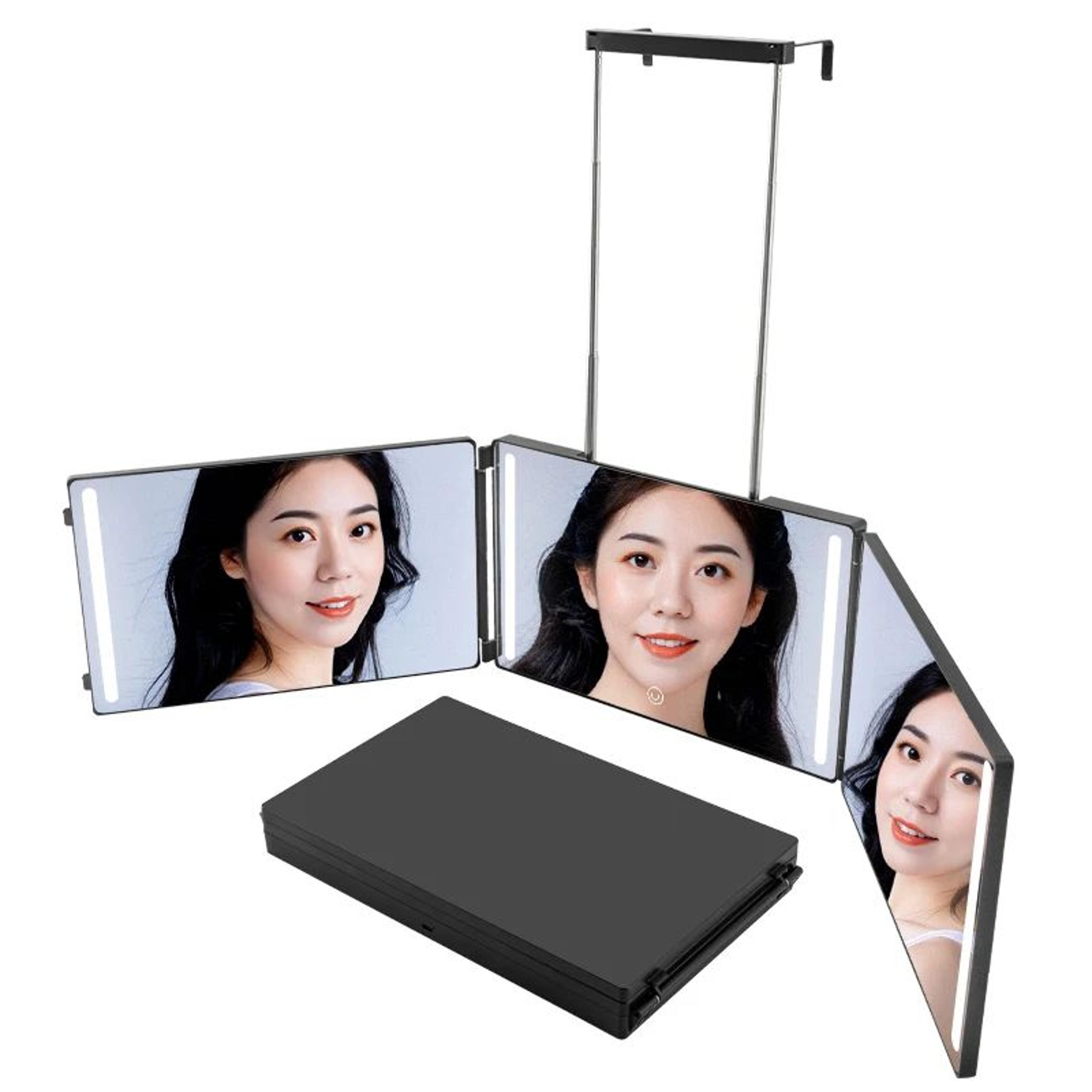 trifold haircut mirror – adjustable hook portable folding mirror for self hair cutting, shaving & styling with led
