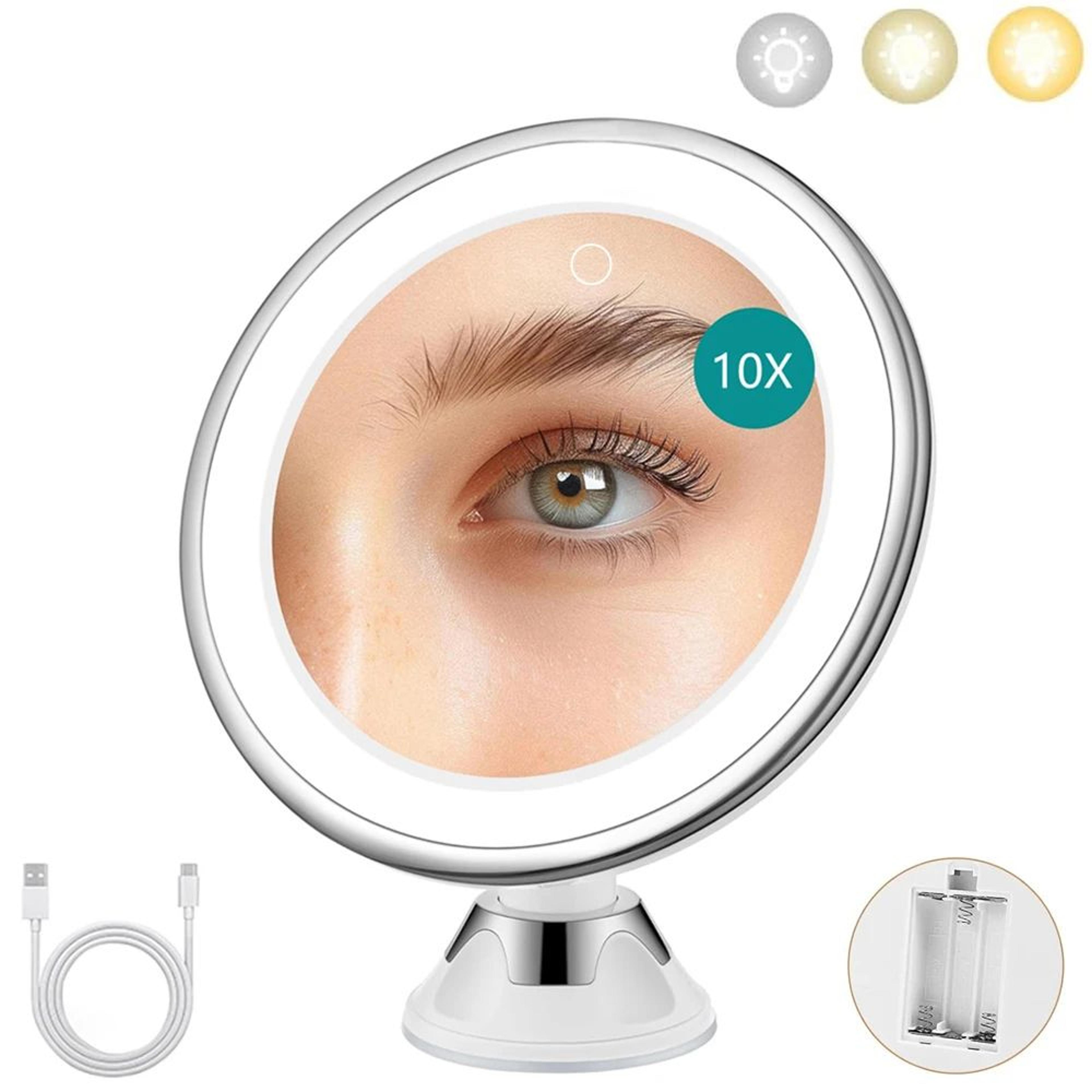 10x led makeup magnifying mirror – 3-light dimmable suction cup vanity mirror with 360° rotation for makeup & shaving