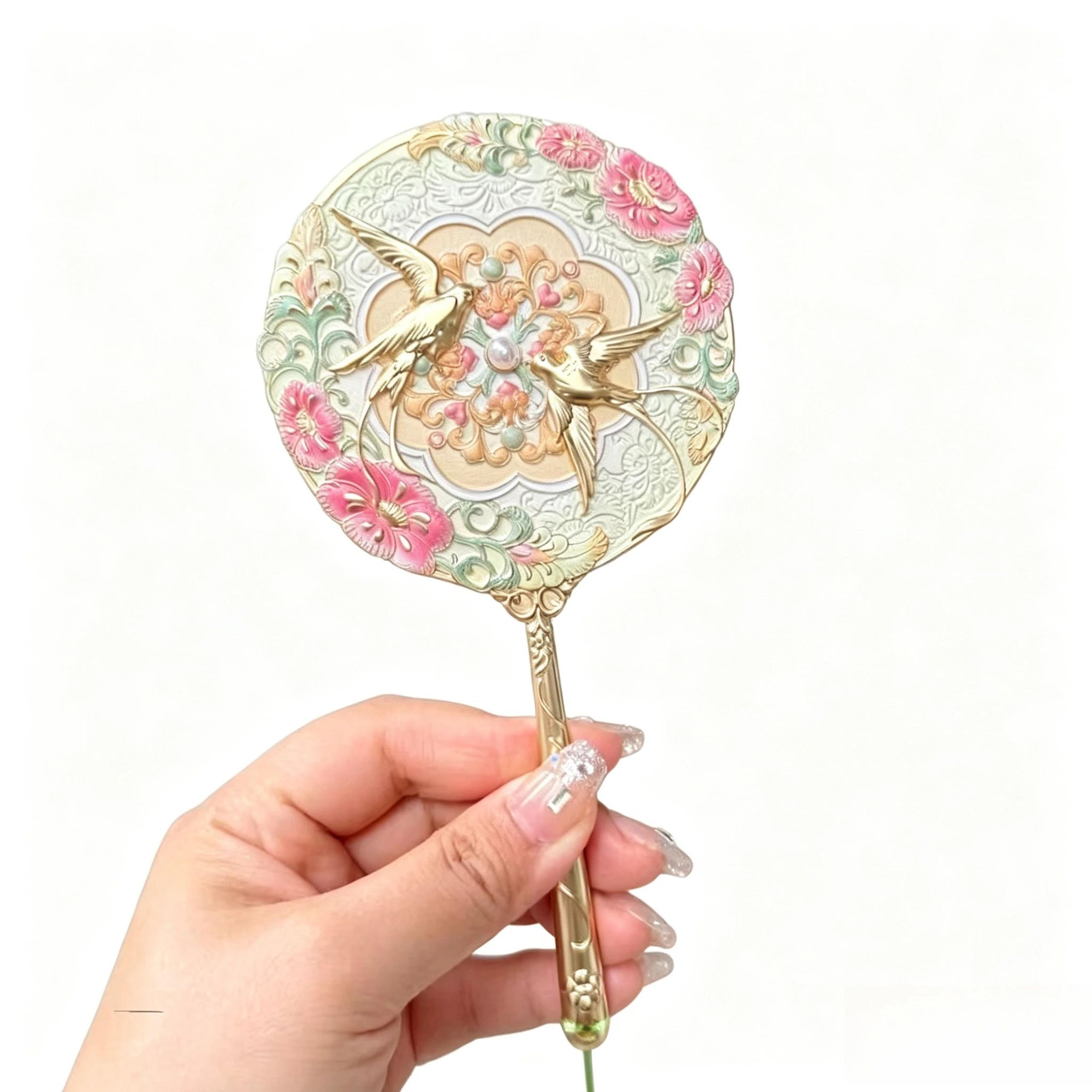Vintage Chinese Style Peony Pocket Mirror  Portable Mini Makeup Mirror With Skylark Floral Design F 6