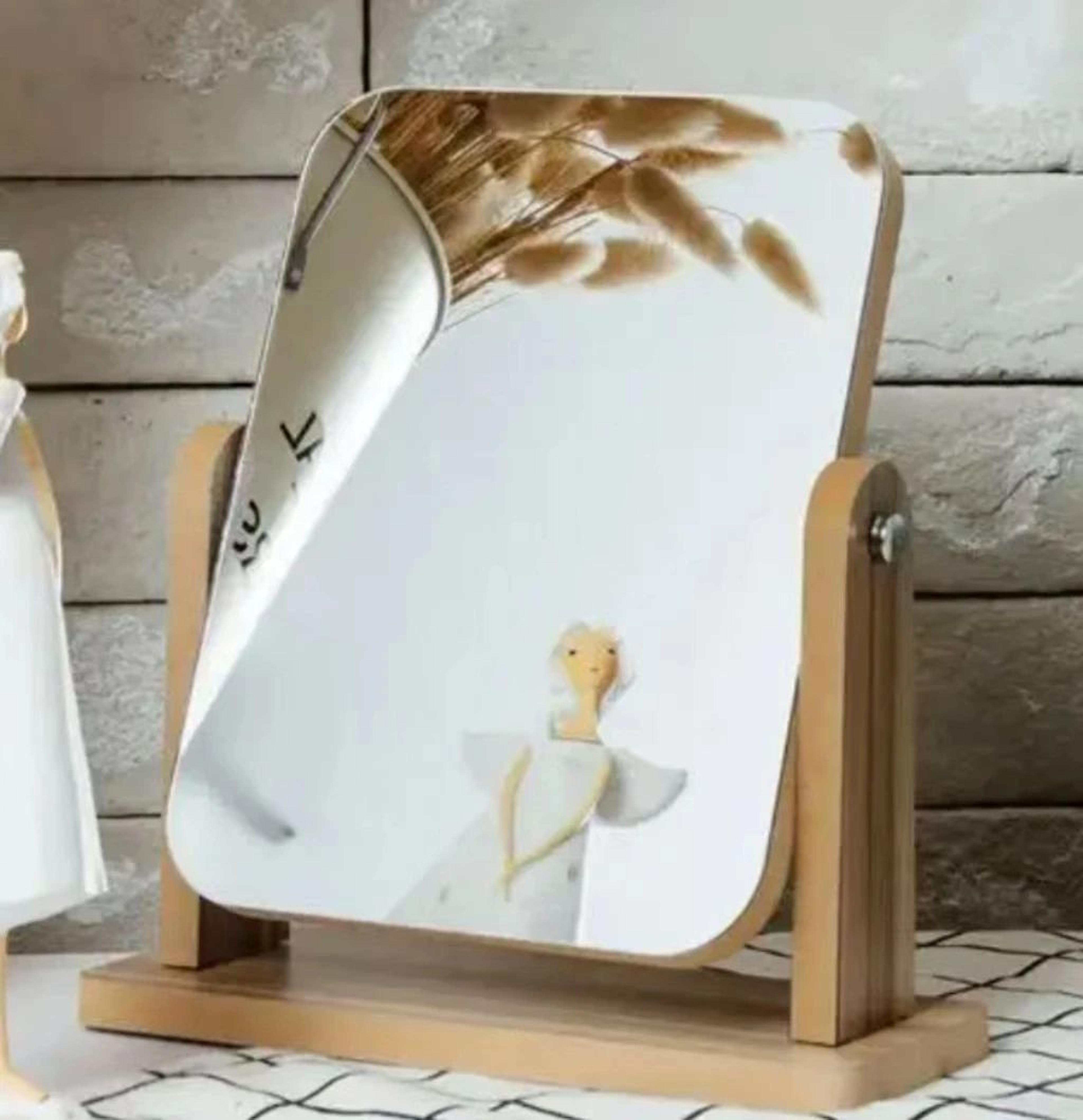 Wooden Desktop Makeup Mirror  Rotating Rectangle Vanity Mirror For Makeup Skincare Dressing Table   7