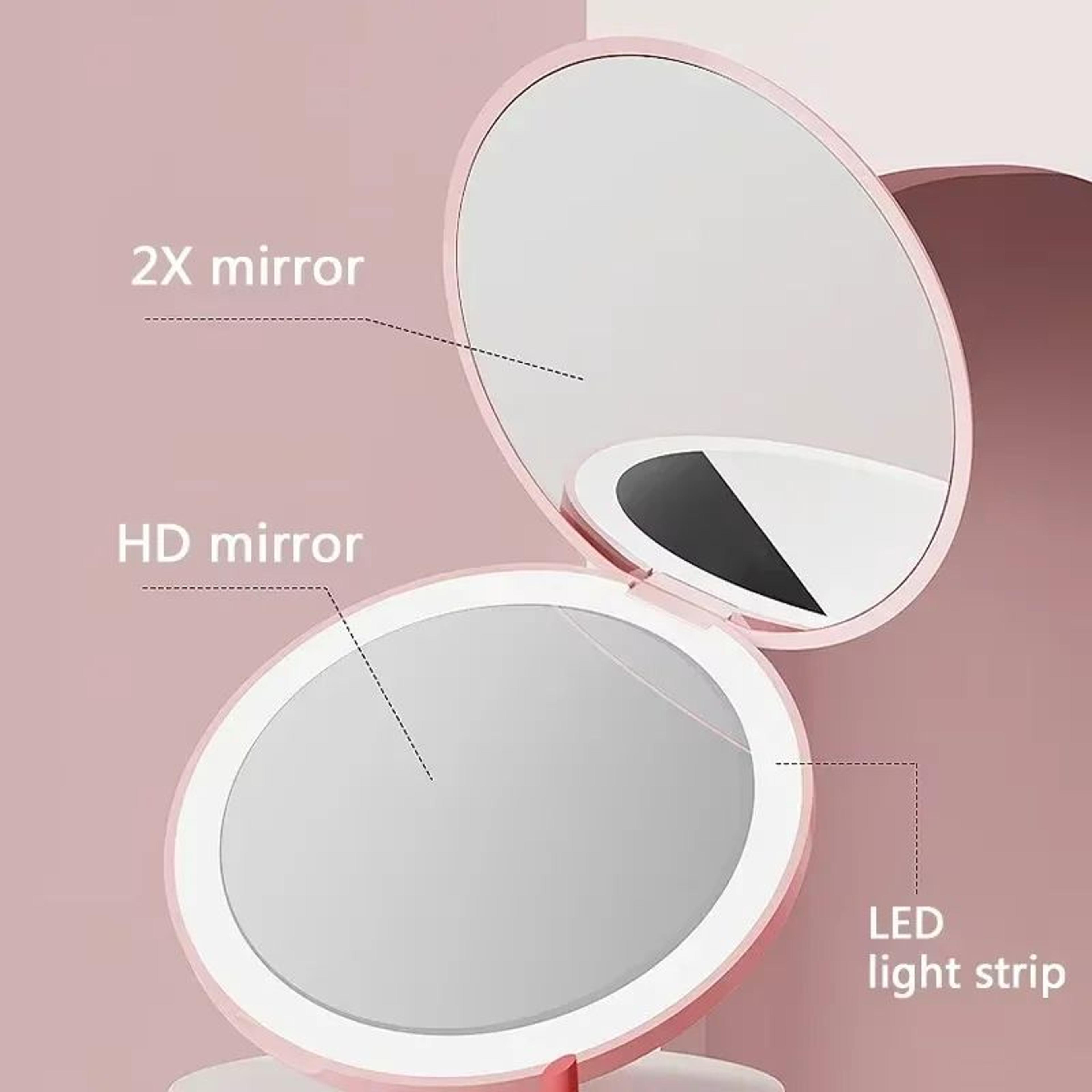 Pocket LED Makeup Mirror  Portable Folding Round 2X Magnifying Lighted Compact Mirror For Travel Pu 2