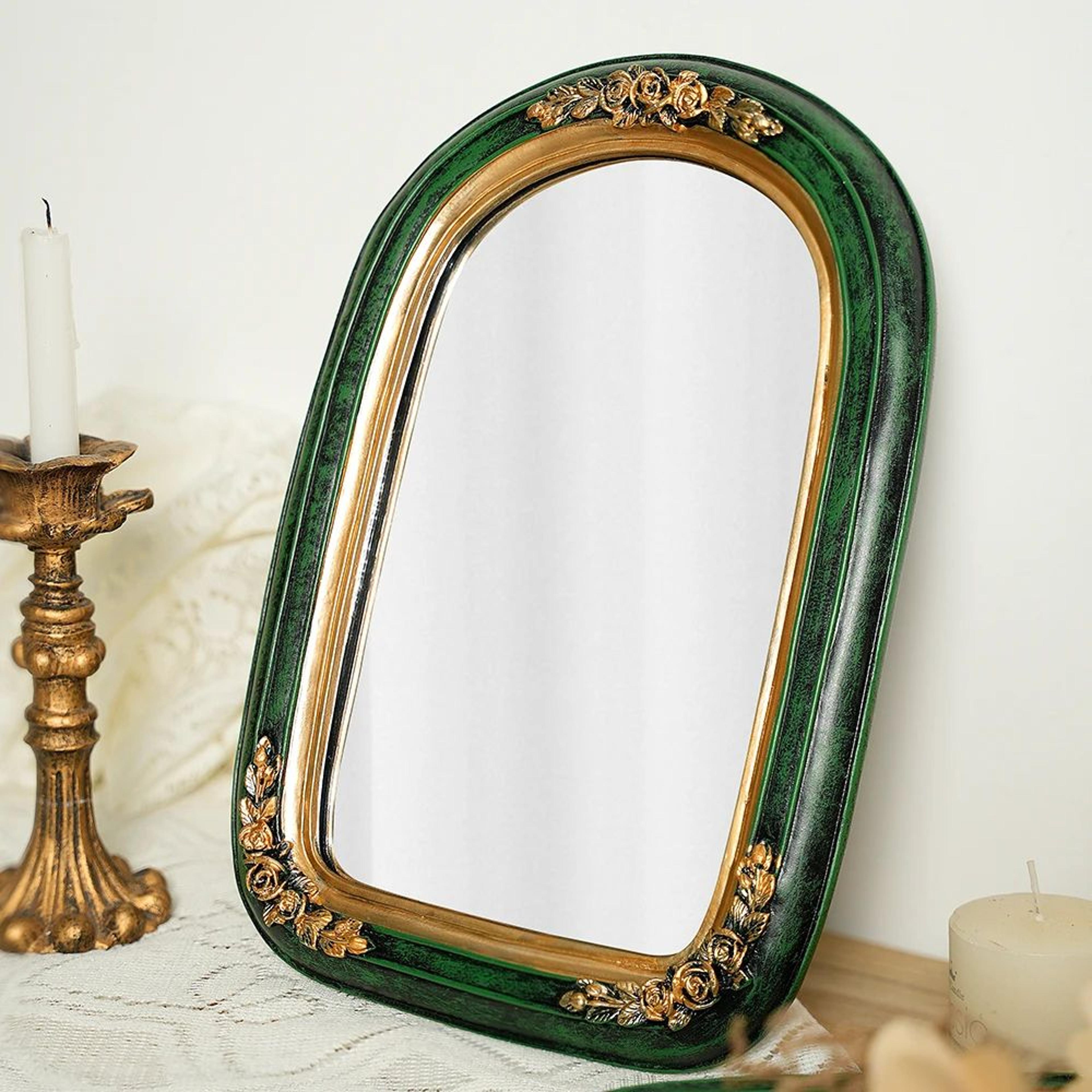 vintage green resin makeup mirror – european light luxury embossed carved framed vanity mirror for beauty photo props