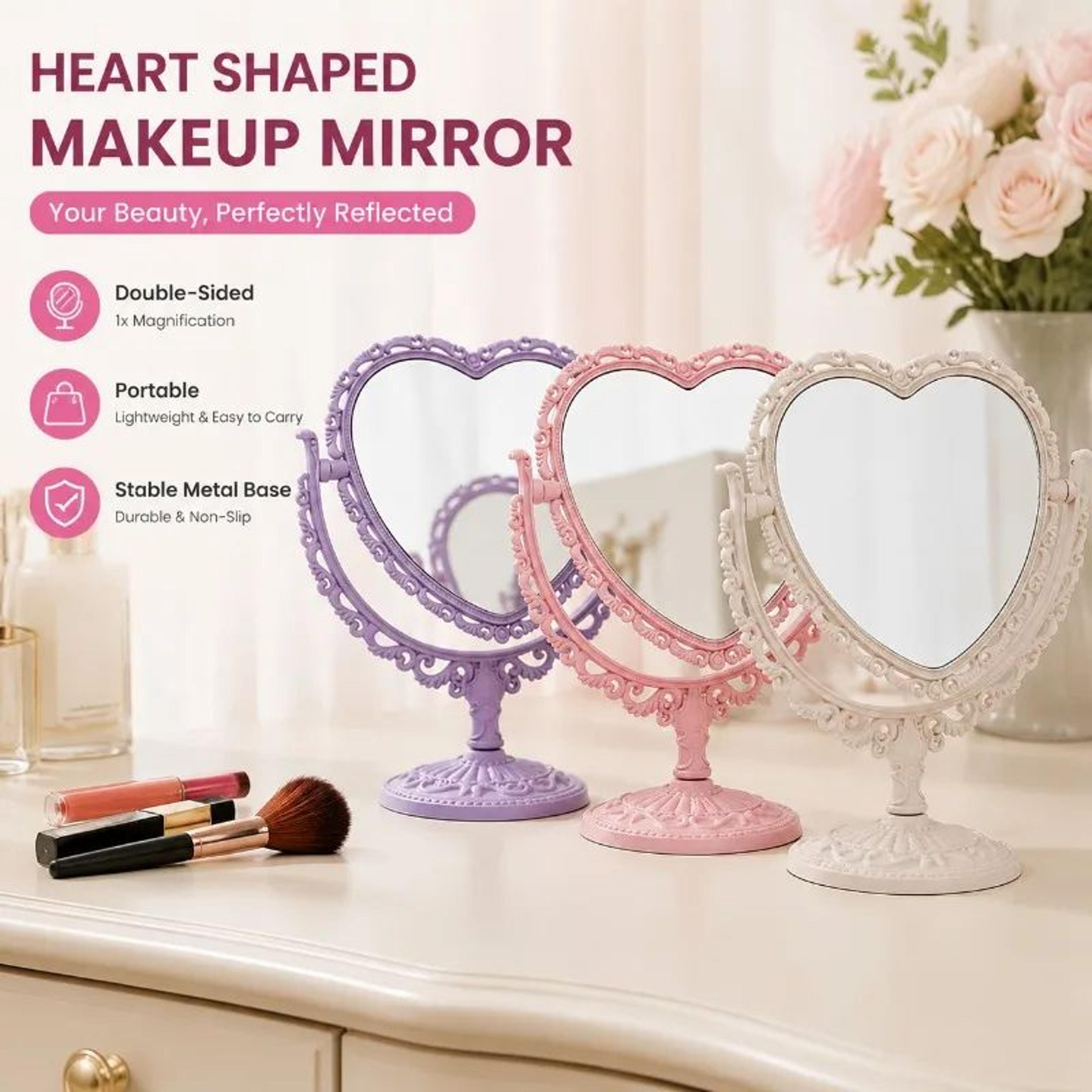 HeartShaped DoubleSided Makeup Mirror  1X Magnification Portable Desktop Vanity Mirror With Stable  0