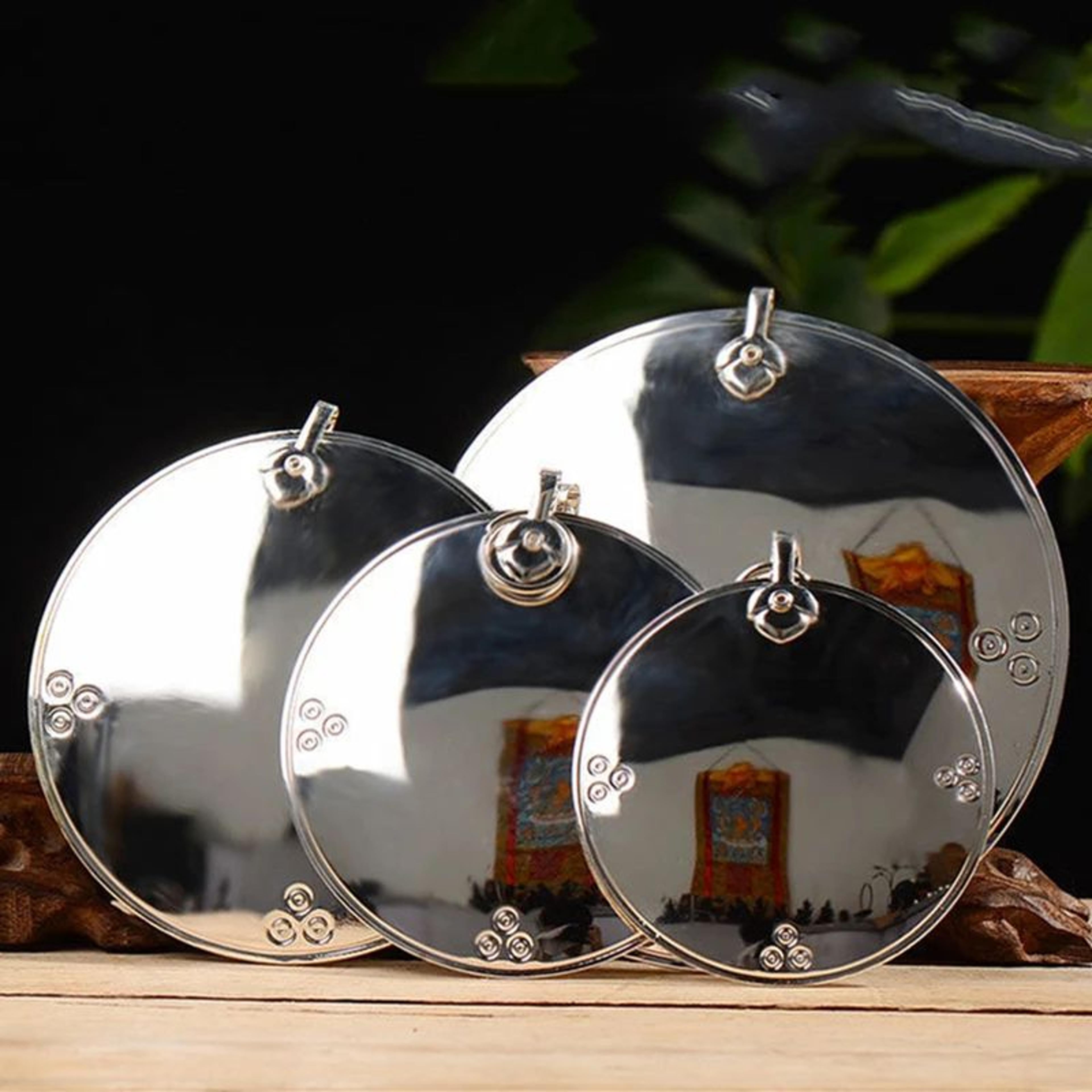 silver tibetan decorative mirror – hand-carved zinc alloy auspicious buddhist hanging ornament for indoor altar decor