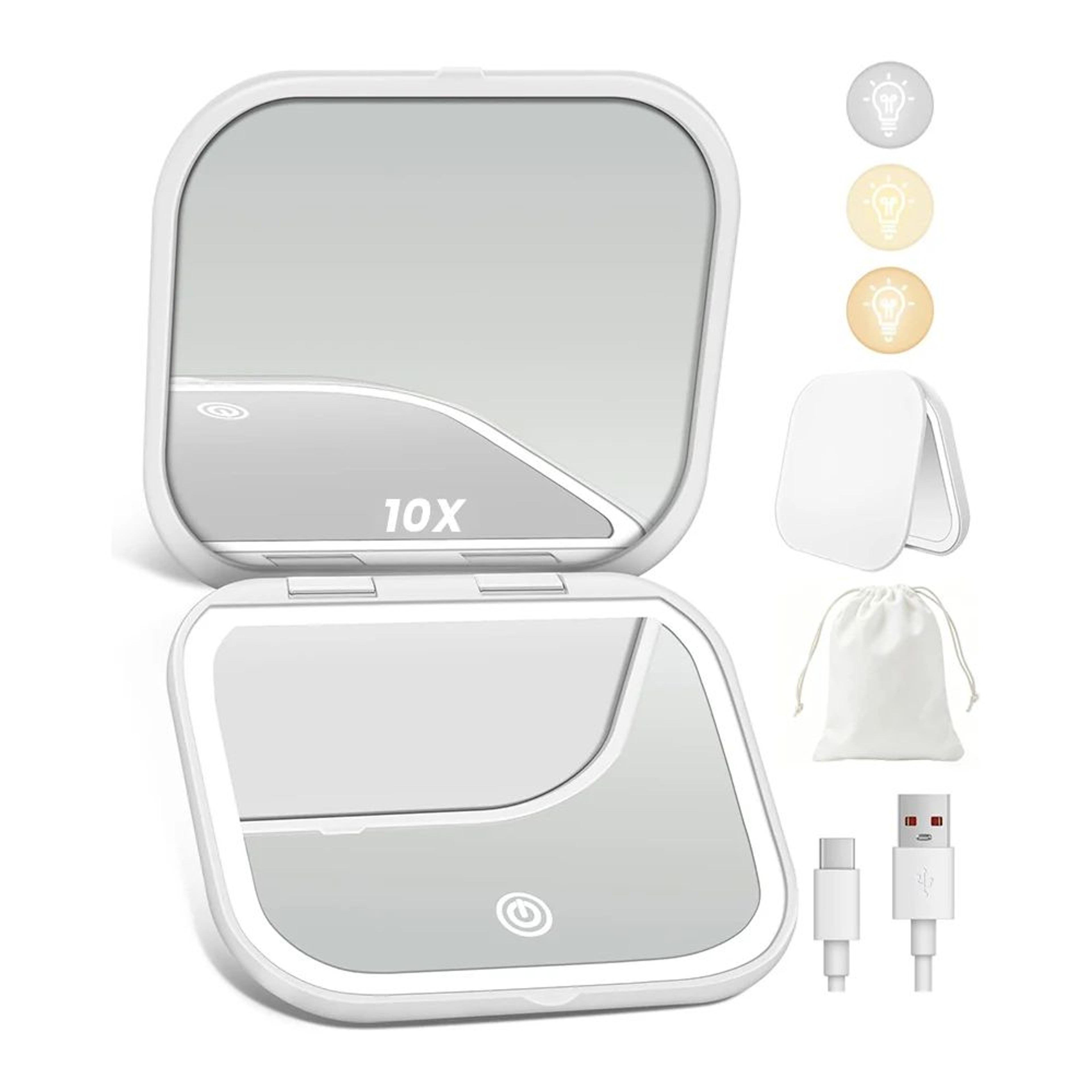 lighted makeup mirror – 1x 10x magnification foldable travel mirror with 3 color lighting for makeup & beauty gifts