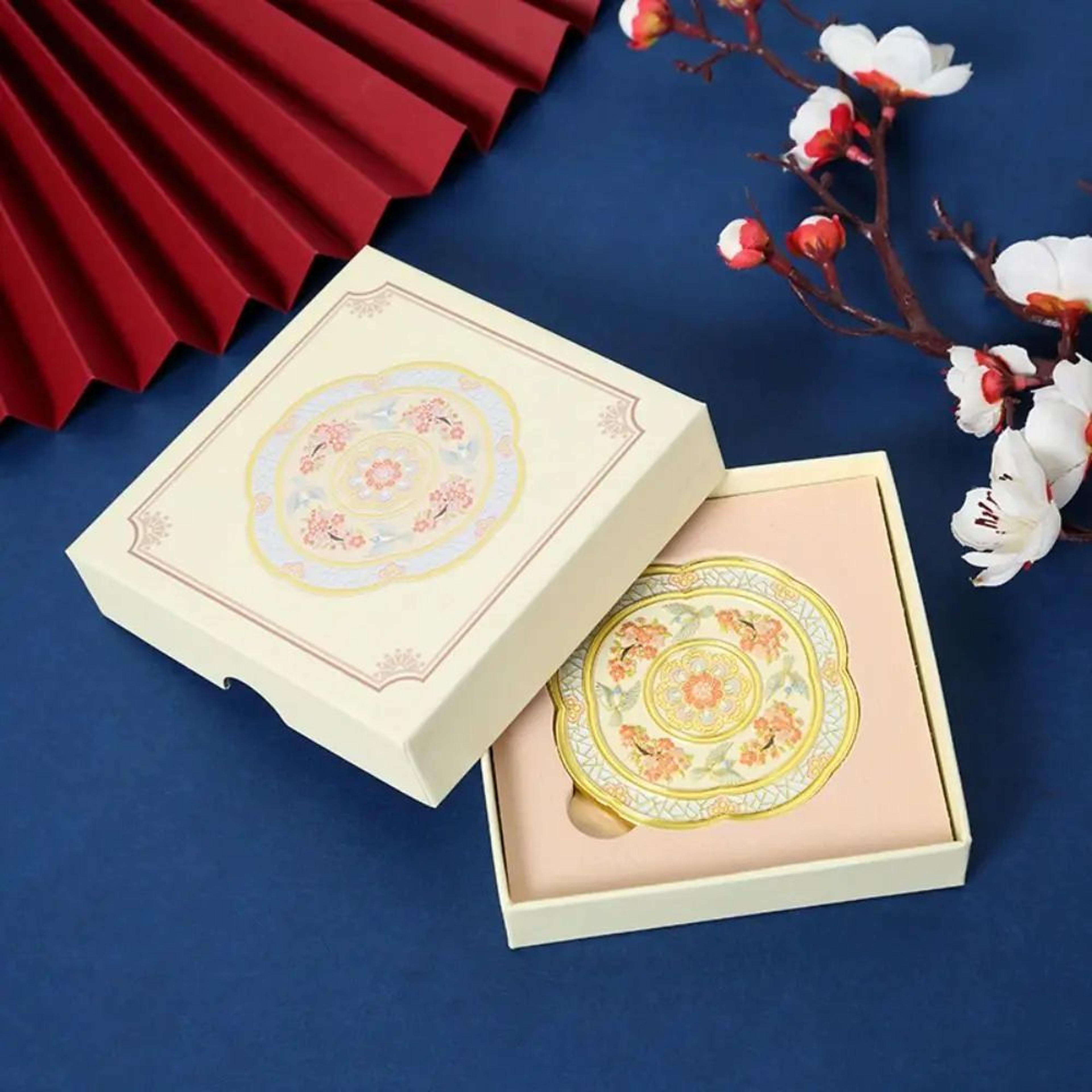 Chinese Style Pocket Mirror  Embossed Metal Handheld Makeup Mirror With Elegant Floral Pattern For  5