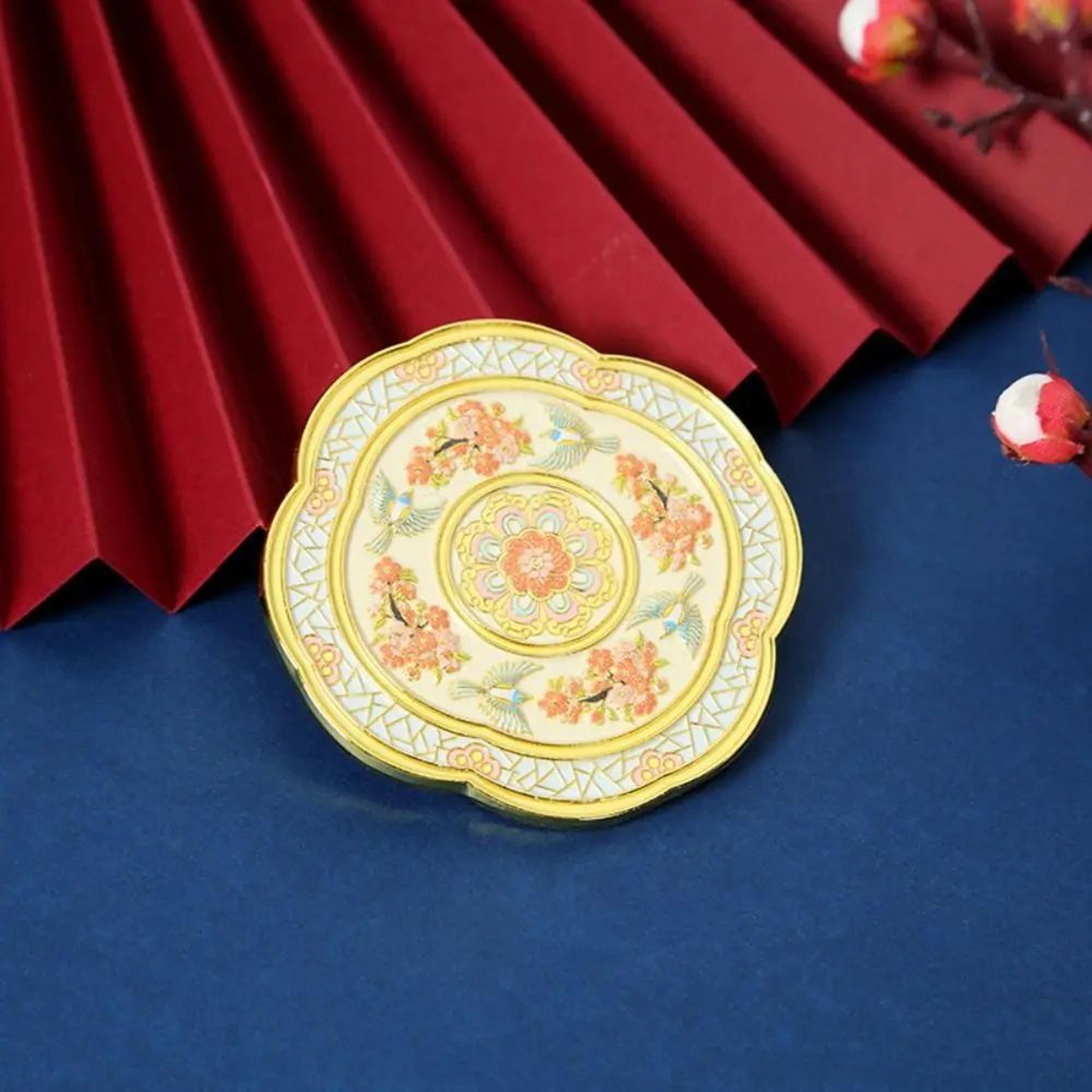 Chinese Style Pocket Mirror  Embossed Metal Handheld Makeup Mirror With Elegant Floral Pattern For  7