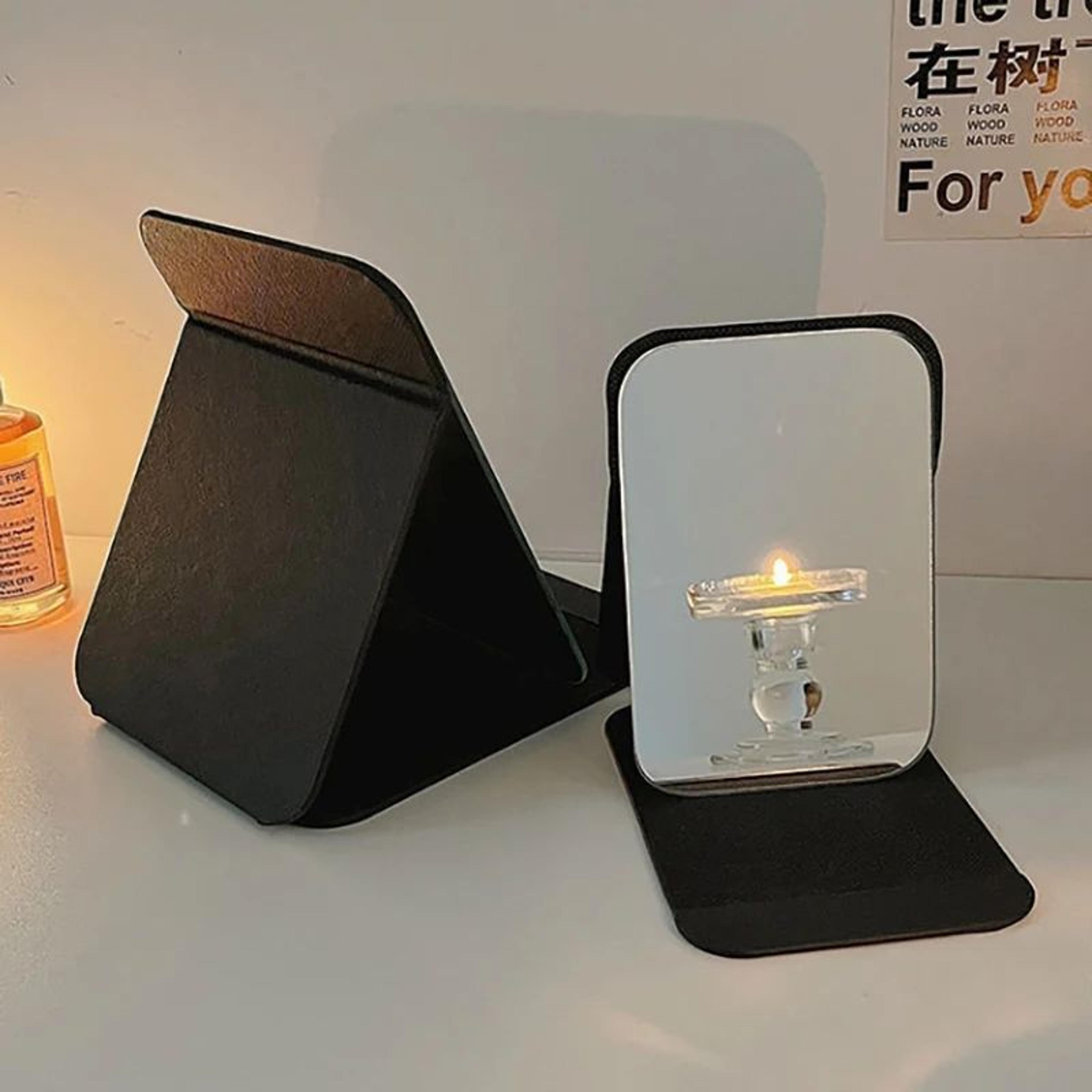 Foldable PU Leather Makeup Mirror  Portable Black Compact Pocket  Desktop Mirror For Travel Student 4