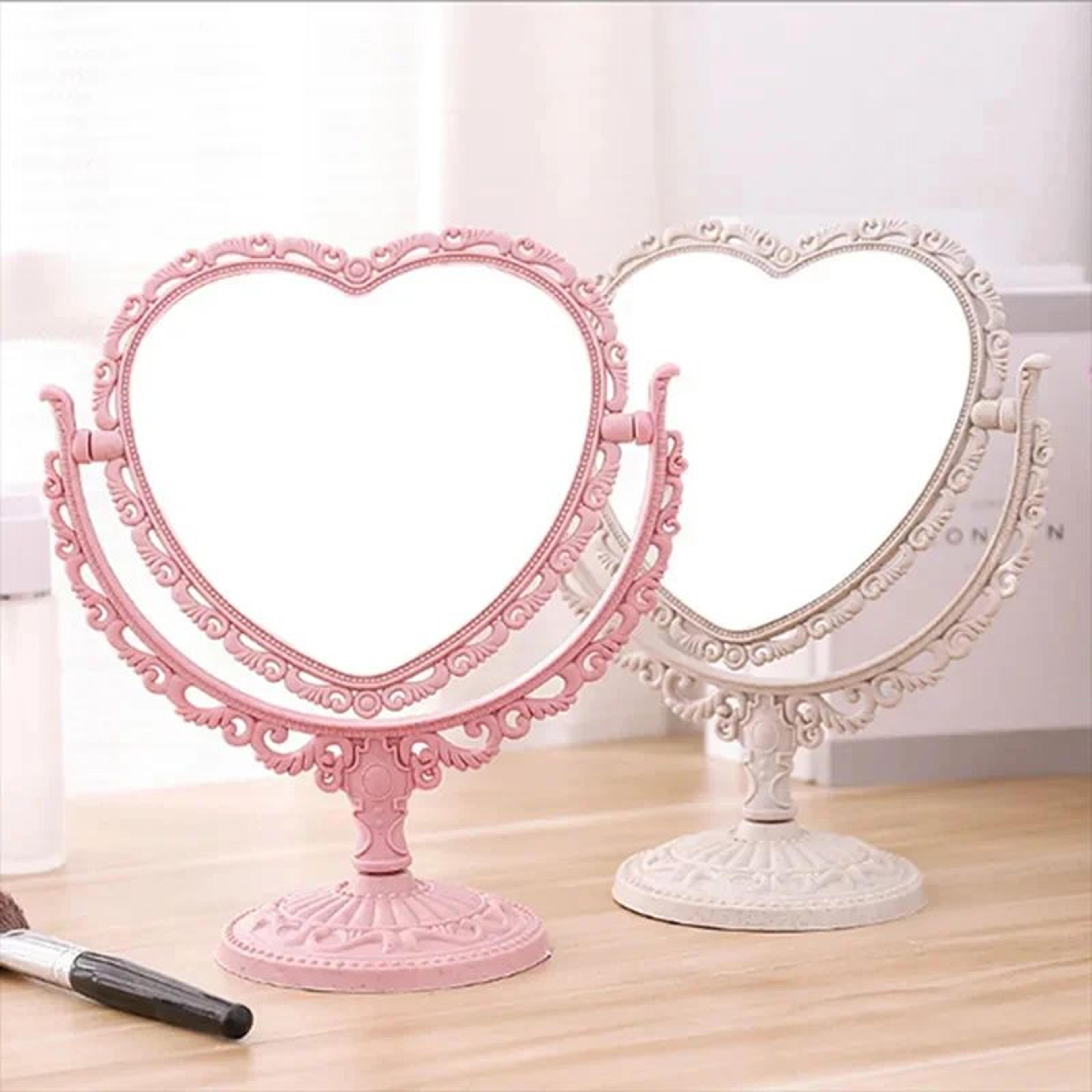 heart shaped double-sided vanity mirror – portable desktop makeup magnifying mirror with stable stand for women