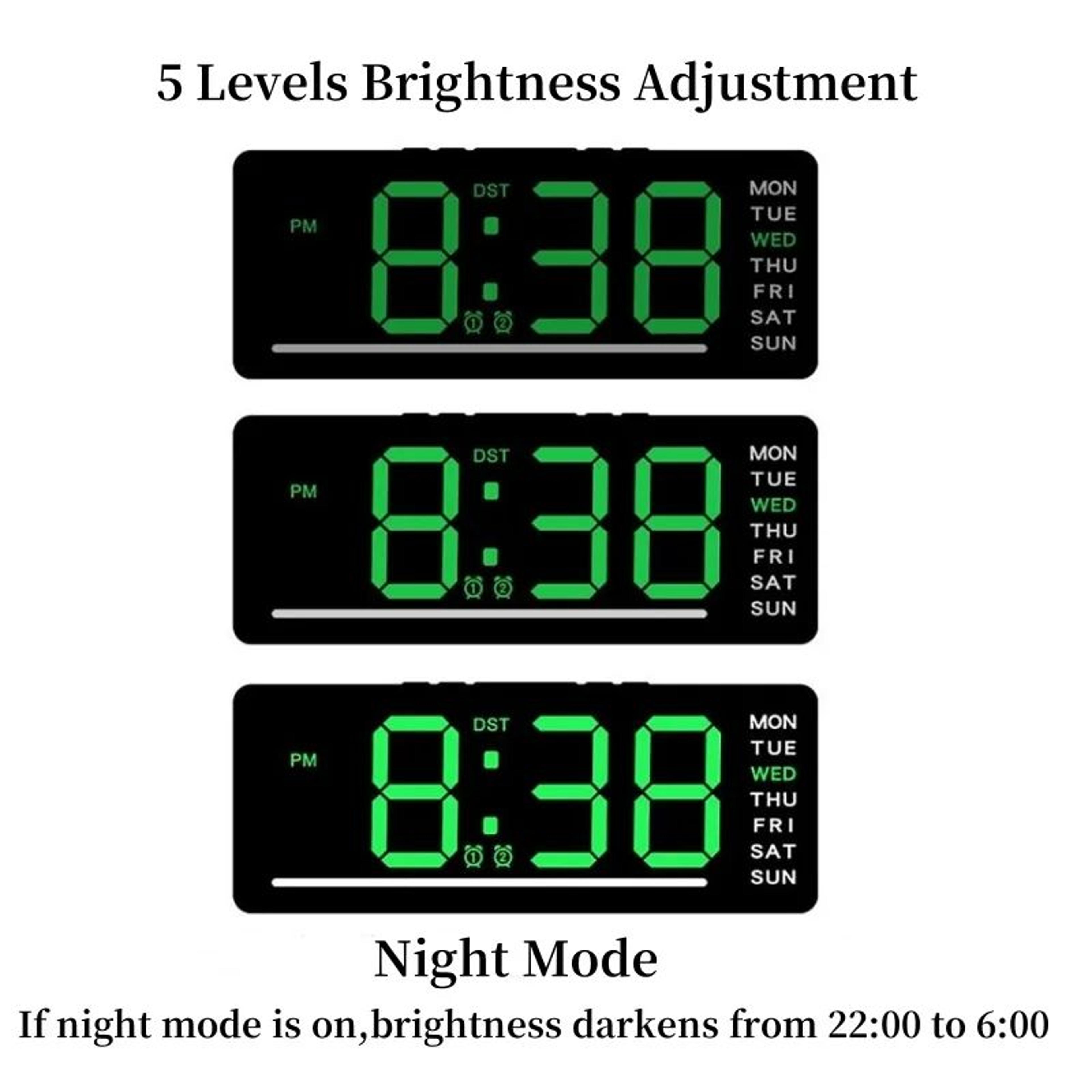 USB Digital LED Alarm Clock  Dual Alarm Temperature Date Week Snooze 5Level Brightness  Night Mode 2