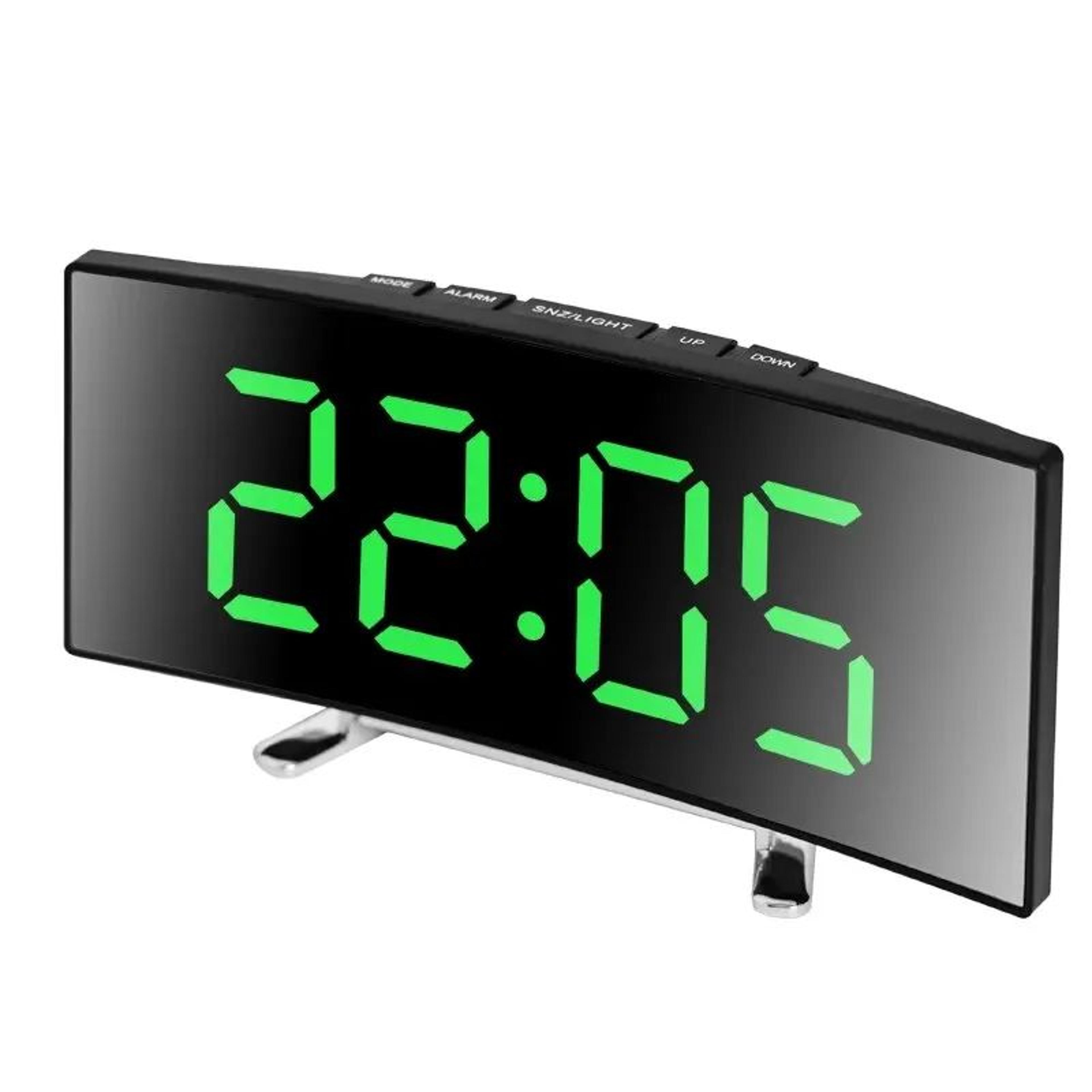 curved led mirror alarm clock – large digital display with snooze, plug-in & battery backup for bedroom desk decor