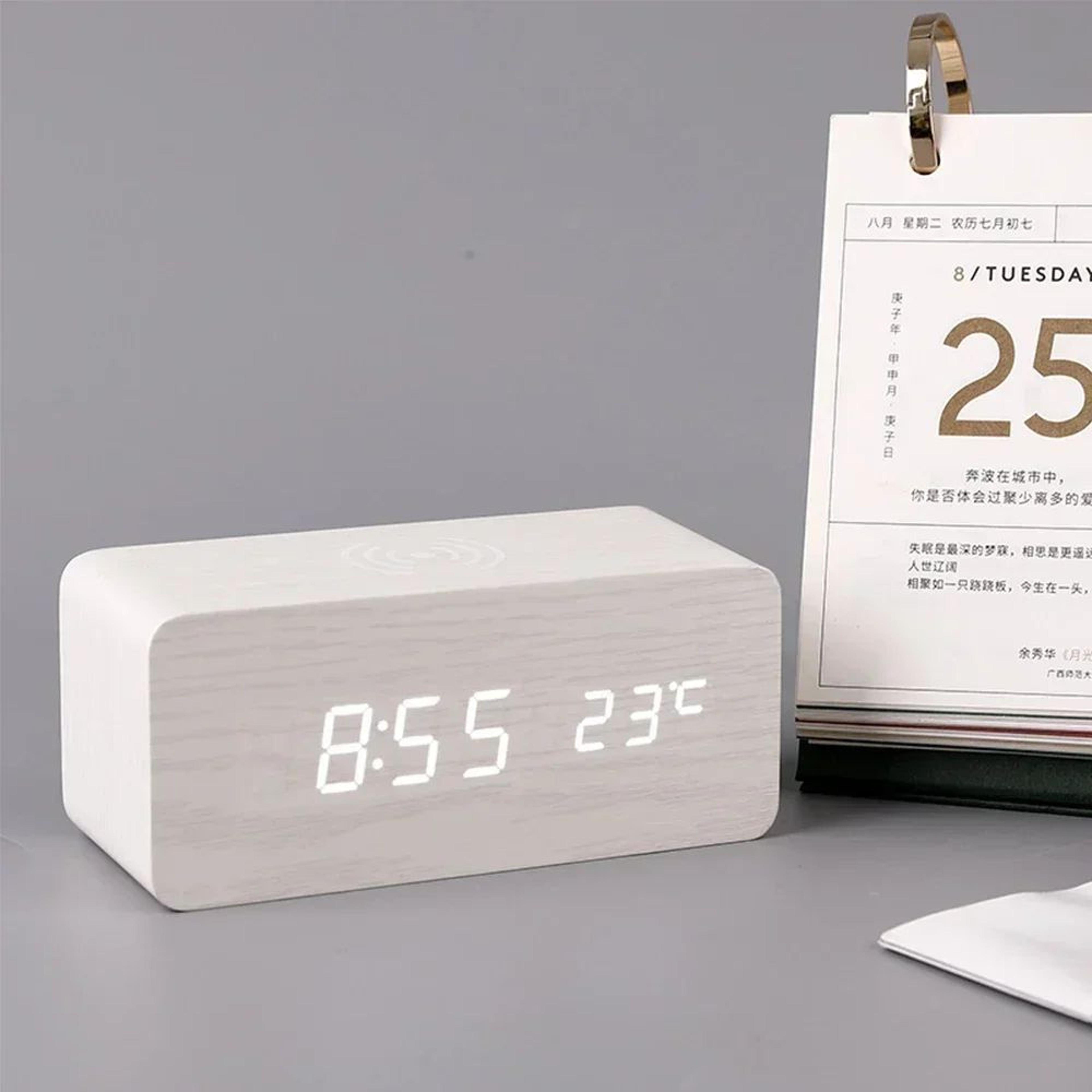 Wooden LED Alarm Clock  Qi Wireless Charging Digital Desk Clock With Thermometer 3 Alarms  Adjustab 1